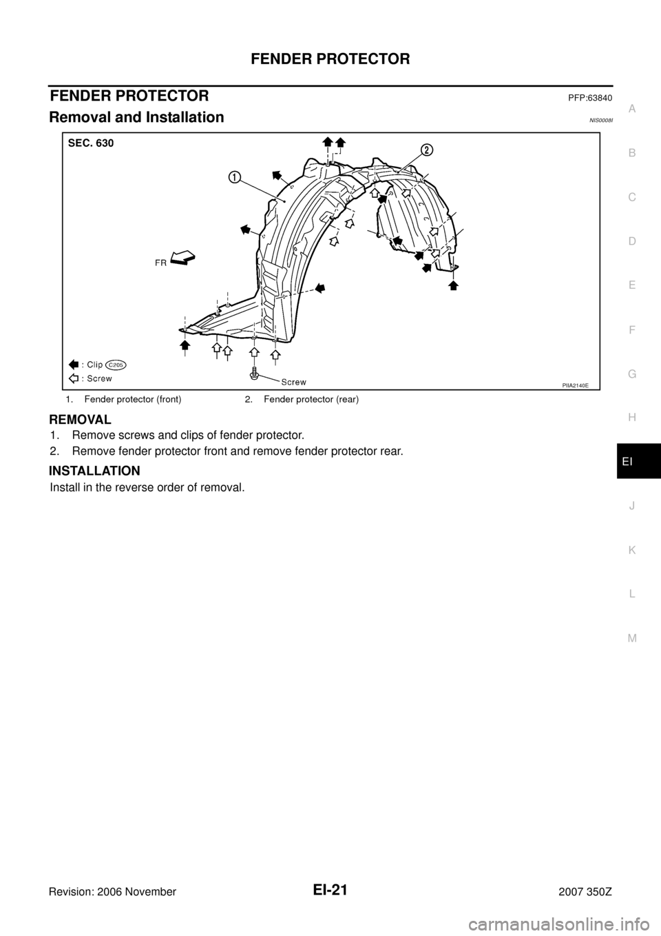 NISSAN 350Z 2007 Z33 Exterior And Interior Owners Manual FENDER PROTECTOR
EI-21
C
D
E
F
G
H
J
K
L
MA
B
EI
Revision: 2006 November2007 350Z
FENDER PROTECTORPFP:63840
Removal and InstallationNIS0008I
REMOVAL
1. Remove screws and clips of fender protector.
2. 