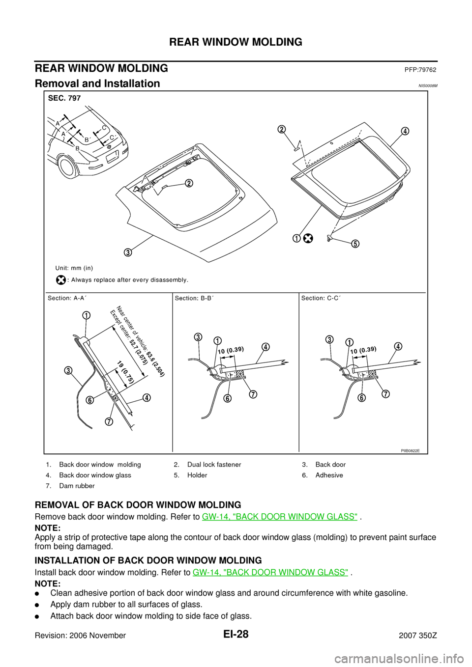 NISSAN 350Z 2007 Z33 Exterior And Interior Owners Manual EI-28
REAR WINDOW MOLDING
Revision: 2006 November2007 350Z
REAR WINDOW MOLDINGPFP:79762
Removal and InstallationNIS0008M
REMOVAL OF BACK DOOR WINDOW MOLDING
Remove back door window molding. Refer to G