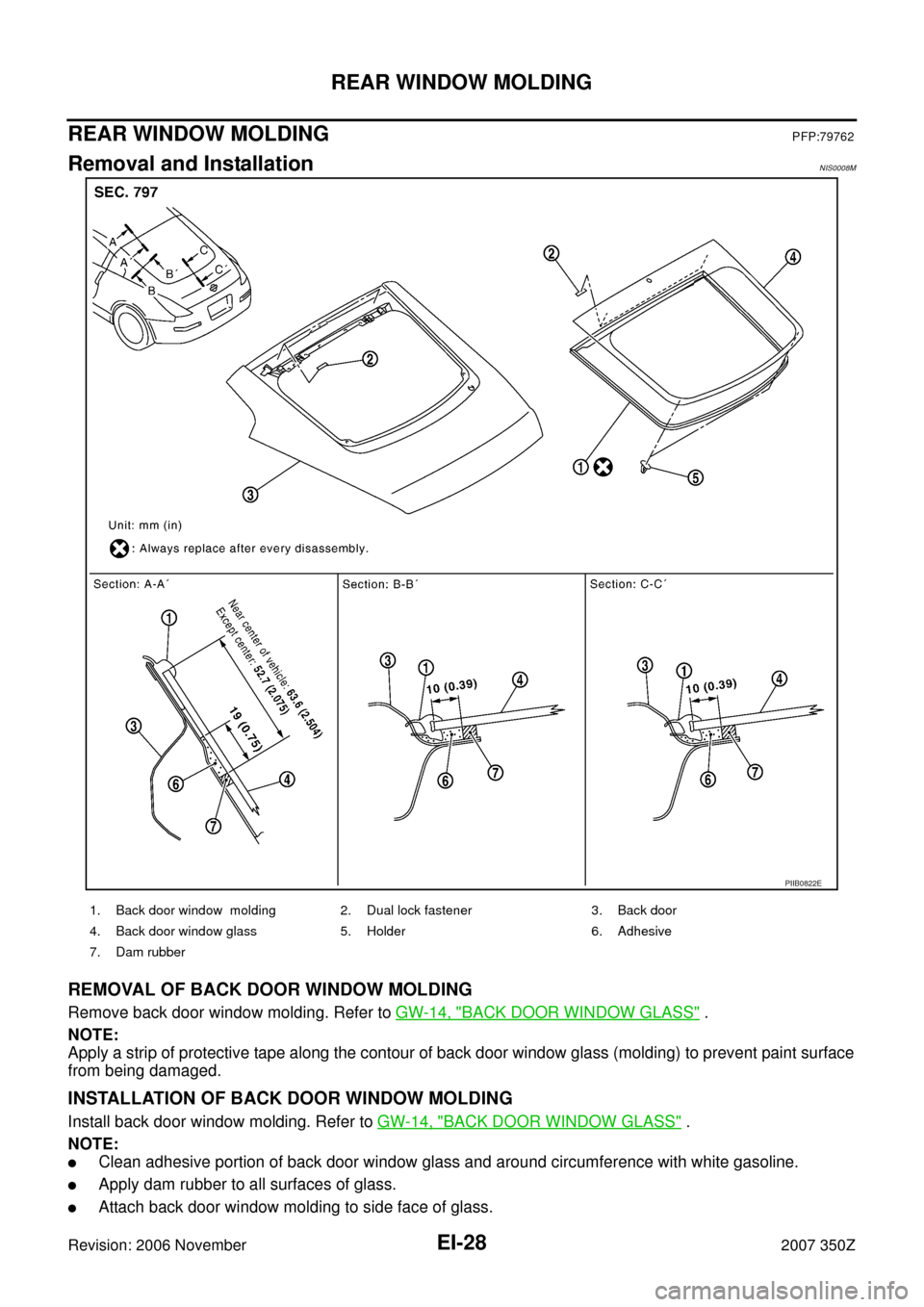 NISSAN 350Z 2007 Z33 Exterior And Interior Workshop Manual EI-28
REAR WINDOW MOLDING
Revision: 2006 November2007 350Z
REAR WINDOW MOLDINGPFP:79762
Removal and InstallationNIS0008M
REMOVAL OF BACK DOOR WINDOW MOLDING
Remove back door window molding. Refer to G