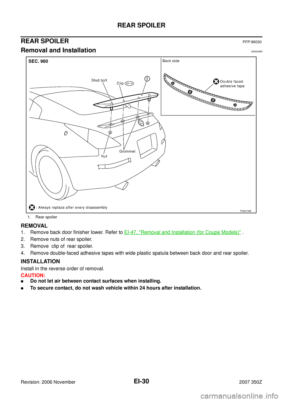 NISSAN 350Z 2007 Z33 Exterior And Interior Owners Manual EI-30
REAR SPOILER
Revision: 2006 November2007 350Z
REAR SPOILERPFP:96030
Removal and InstallationNIS0008N
REMOVAL
1. Remove back door finisher lower. Refer to EI-47, "Removal and Installation (for Co