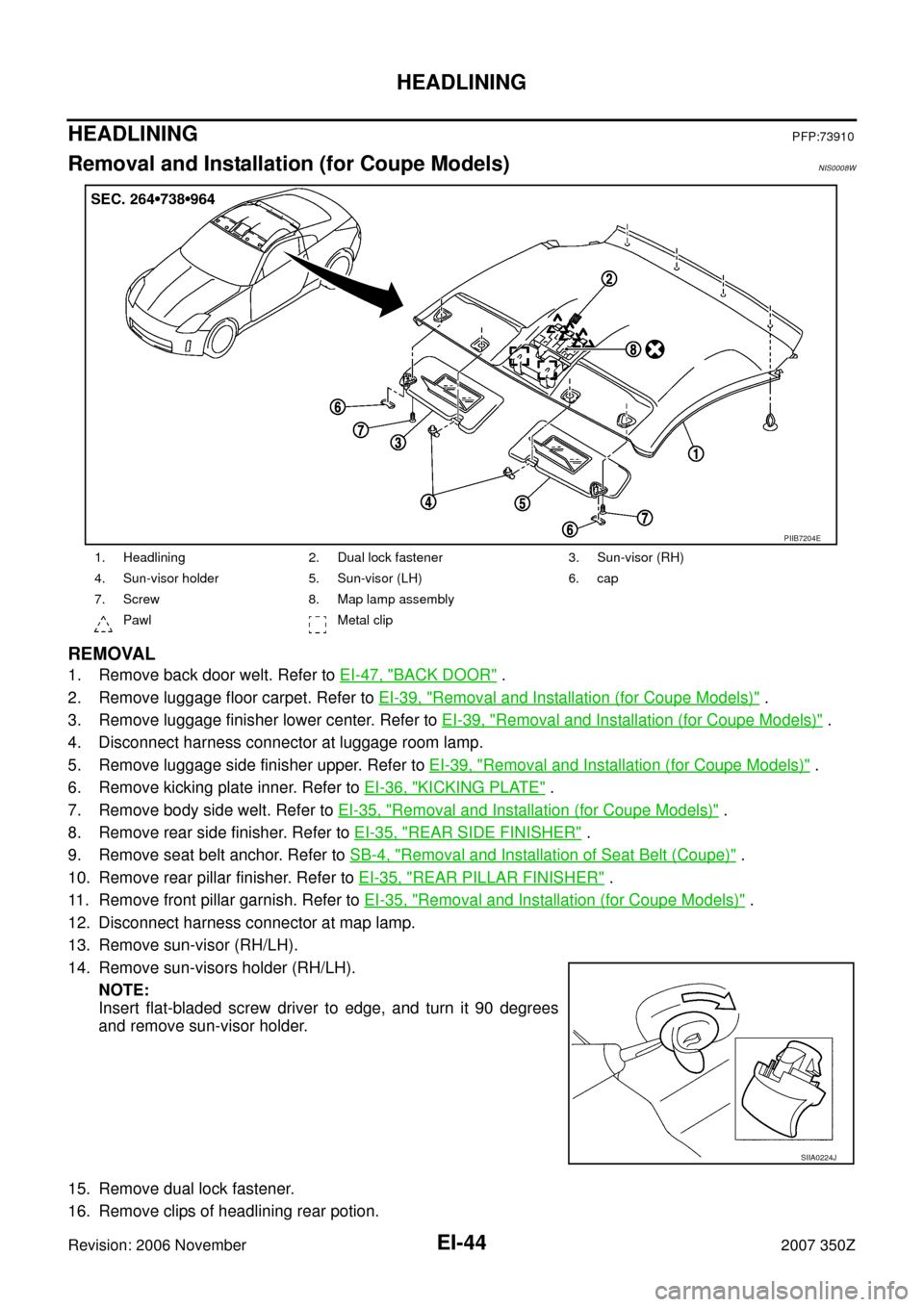 NISSAN 350Z 2007 Z33 Exterior And Interior Workshop Manual EI-44
HEADLINING
Revision: 2006 November2007 350Z
HEADLININGPFP:73910
Removal and Installation (for Coupe Models)NIS0008W
REMOVAL
1. Remove back door welt. Refer to EI-47, "BACK DOOR" .
2. Remove lugg