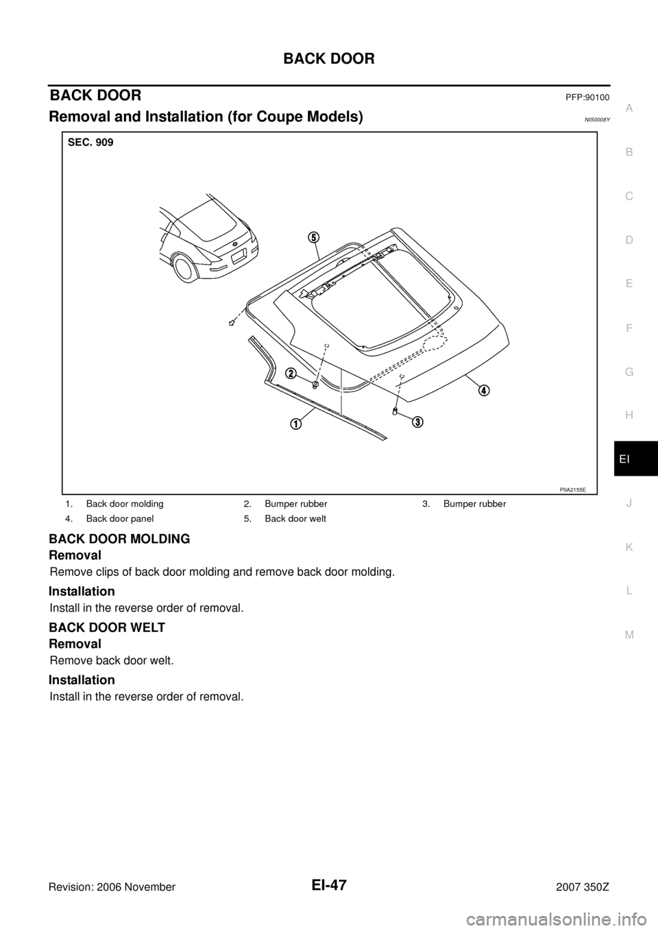 NISSAN 350Z 2007 Z33 Exterior And Interior Service Manual BACK DOOR
EI-47
C
D
E
F
G
H
J
K
L
MA
B
EI
Revision: 2006 November2007 350Z
BACK DOORPFP:90100
Removal and Installation (for Coupe Models)NIS0008Y
BACK DOOR MOLDING
Removal
Remove clips of back door mo