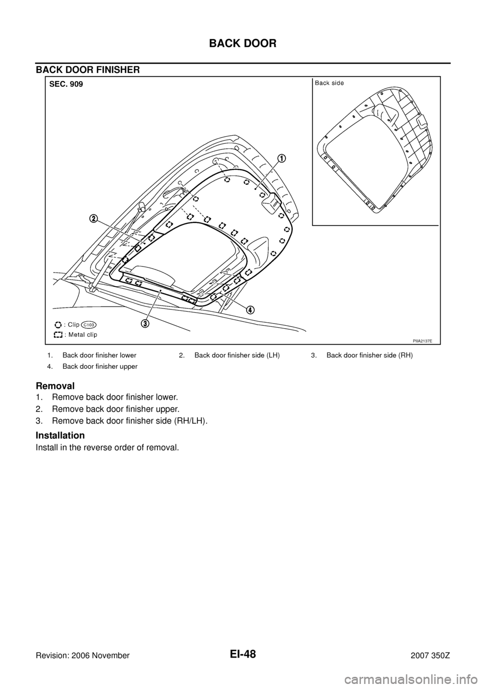 NISSAN 350Z 2007 Z33 Exterior And Interior Service Manual EI-48
BACK DOOR
Revision: 2006 November2007 350Z
BACK DOOR FINISHER
Removal
1. Remove back door finisher lower.
2. Remove back door finisher upper.
3. Remove back door finisher side (RH/LH).
Installat