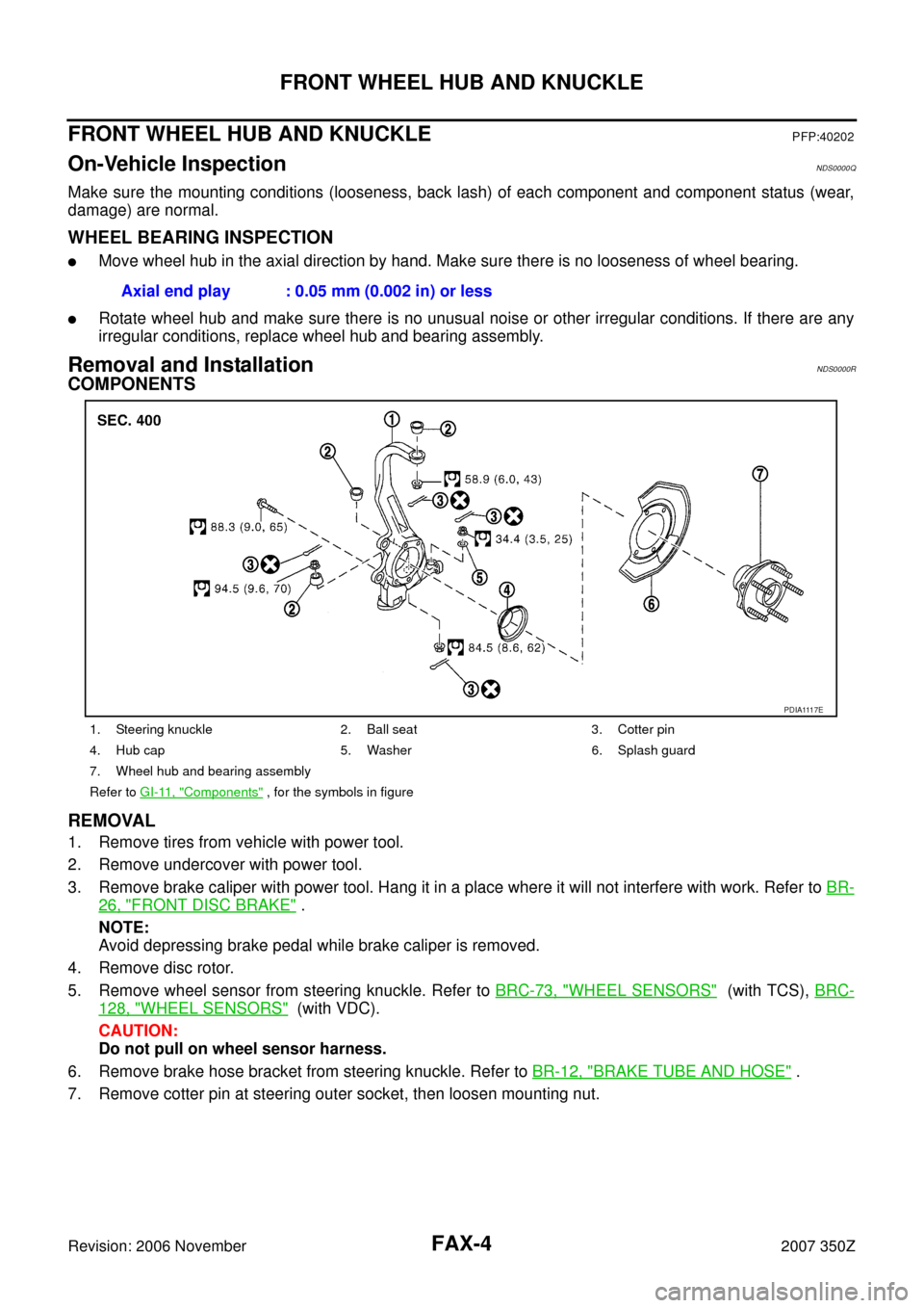 NISSAN 350Z 2007 Z33 Front Axle Workshop Manual FAX-4
FRONT WHEEL HUB AND KNUCKLE
Revision: 2006 November2007 350Z
FRONT WHEEL HUB AND KNUCKLEPFP:40202
On-Vehicle InspectionNDS0000Q
Make sure the mounting conditions (looseness, back lash) of each c