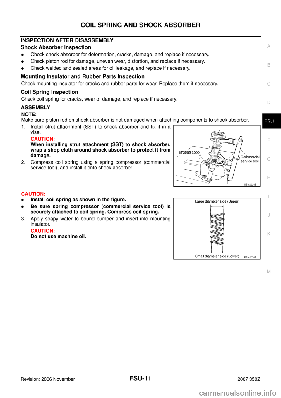 NISSAN 350Z 2007 Z33 Front Suspension User Guide COIL SPRING AND SHOCK ABSORBER
FSU-11
C
D
F
G
H
I
J
K
L
MA
B
FSU
Revision: 2006 November2007 350Z
INSPECTION AFTER DISASSEMBLY
Shock Absorber Inspection
Check shock absorber for deformation, cracks, 