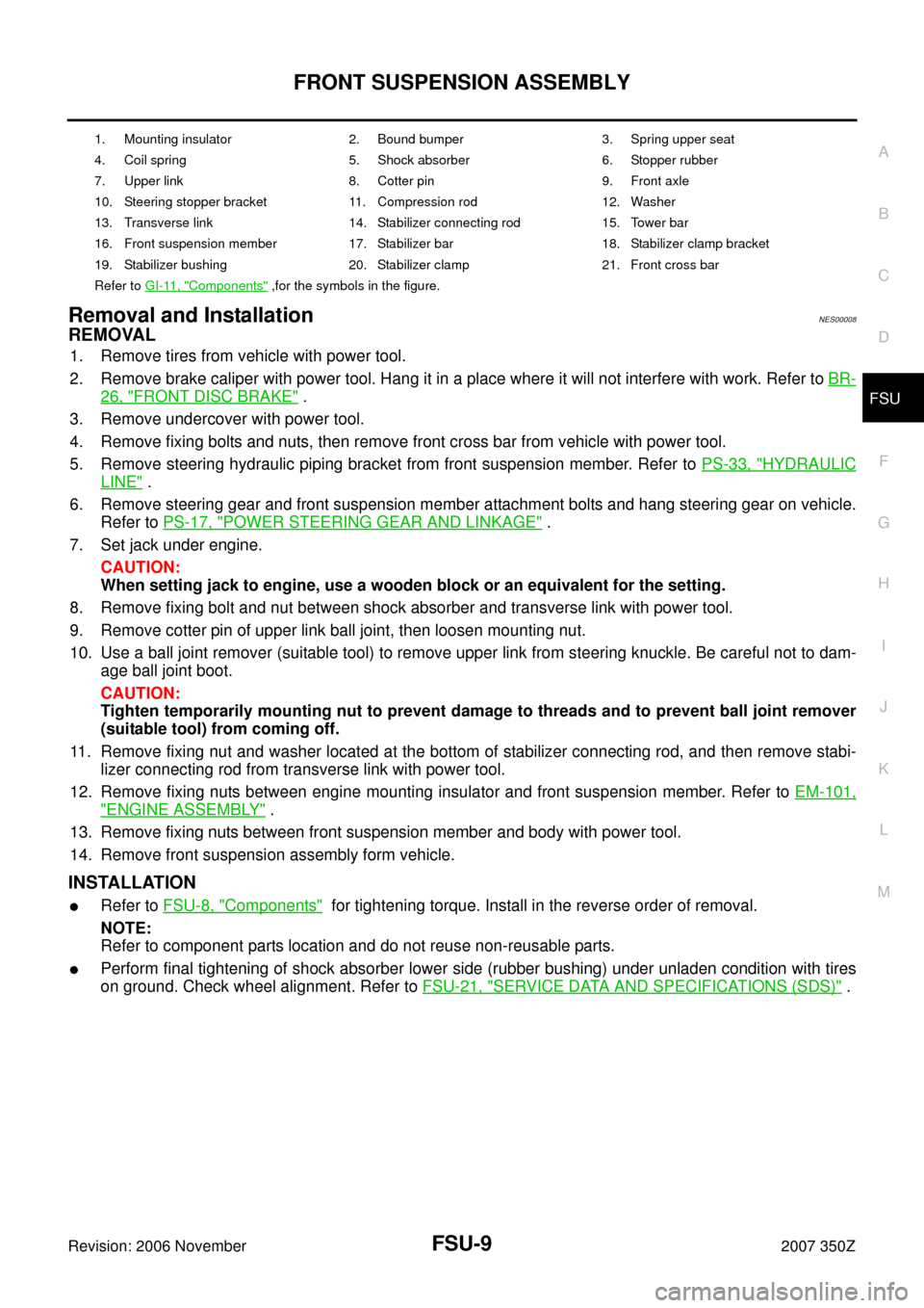 NISSAN 350Z 2007 Z33 Front Suspension Workshop Manual FRONT SUSPENSION ASSEMBLY
FSU-9
C
D
F
G
H
I
J
K
L
MA
B
FSU
Revision: 2006 November2007 350Z
Removal and InstallationNES00008
REMOVAL
1. Remove tires from vehicle with power tool.
2. Remove brake calip