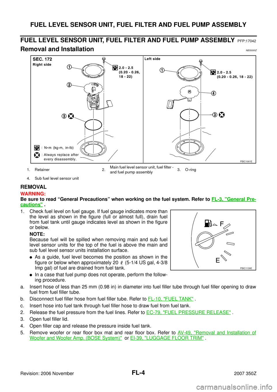 NISSAN 350Z 2007 Z33 Fuel System Workshop Manual FL-4
FUEL LEVEL SENSOR UNIT, FUEL FILTER AND FUEL PUMP ASSEMBLY
Revision: 2006 November2007 350Z
FUEL LEVEL SENSOR UNIT, FUEL FILTER AND FUEL PUMP ASSEMBLYPFP:17042
Removal and InstallationNBS000IZ
RE