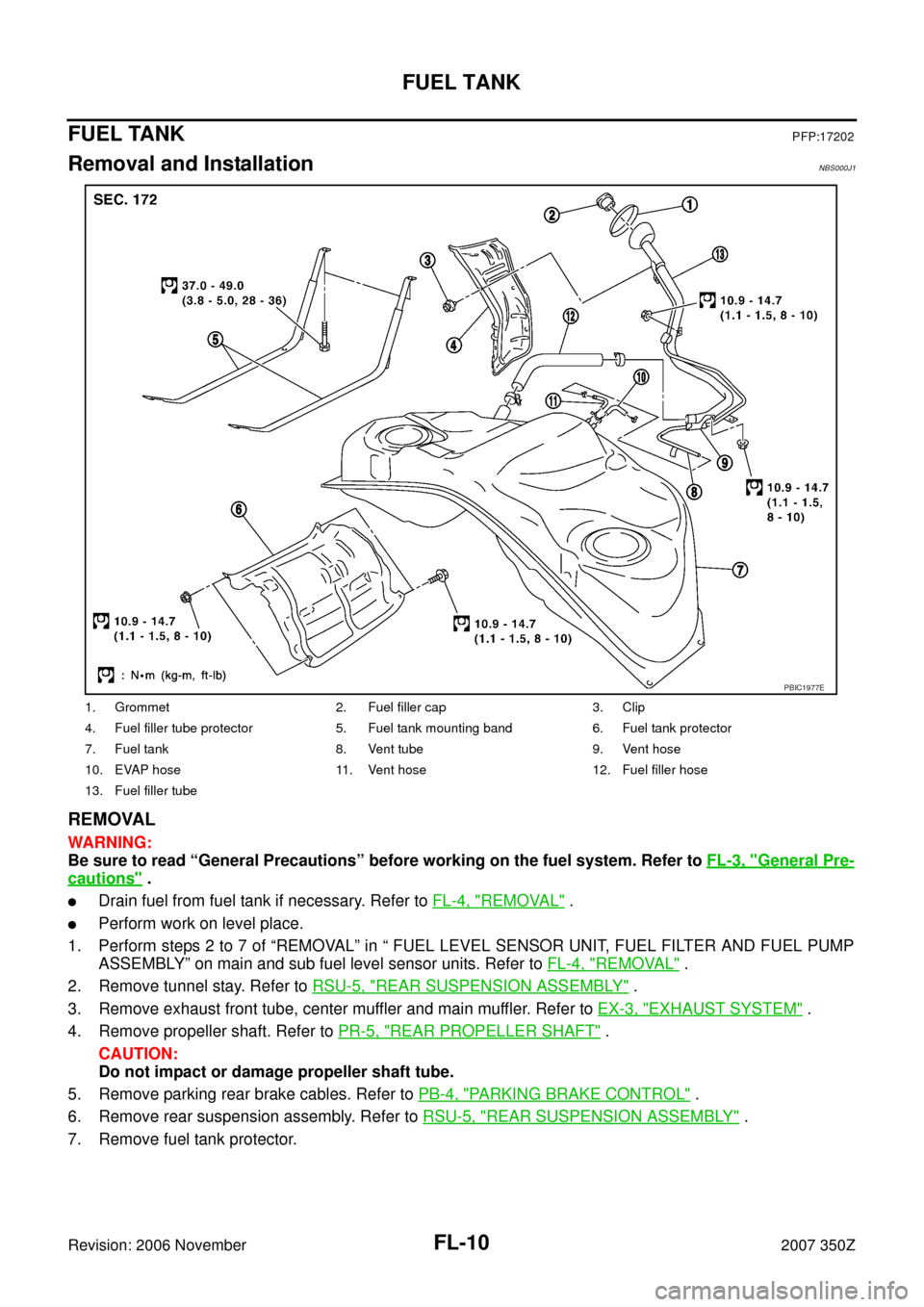 NISSAN 350Z 2007 Z33 Fuel System Workshop Manual FL-10
FUEL TANK
Revision: 2006 November2007 350Z
FUEL TANKPFP:17202
Removal and InstallationNBS000J1
REMOVAL
WARNING:
Be sure to read “General Precautions” before working on the fuel system. Refer