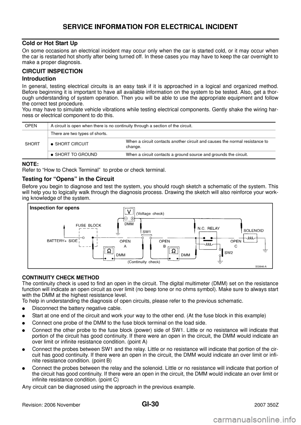 NISSAN 350Z 2007 Z33 General Information Workshop Manual GI-30
SERVICE INFORMATION FOR ELECTRICAL INCIDENT
Revision: 2006 November2007 350Z
Cold or Hot Start Up 
On some occasions an electrical incident may occur only when the car is started cold, or it may