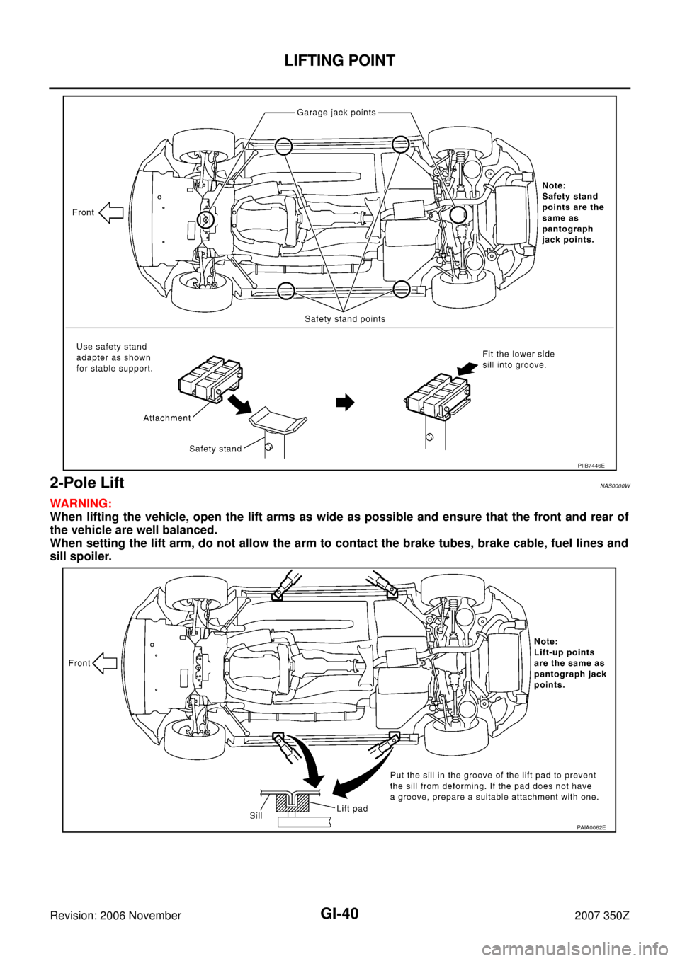 NISSAN 350Z 2007 Z33 General Information Owners Guide GI-40
LIFTING POINT
Revision: 2006 November2007 350Z
2-Pole Lift NAS0000W
WARNING:
When lifting the vehicle, open the lift arms as wide as possible and ensure that the front and rear of
the vehicle ar
