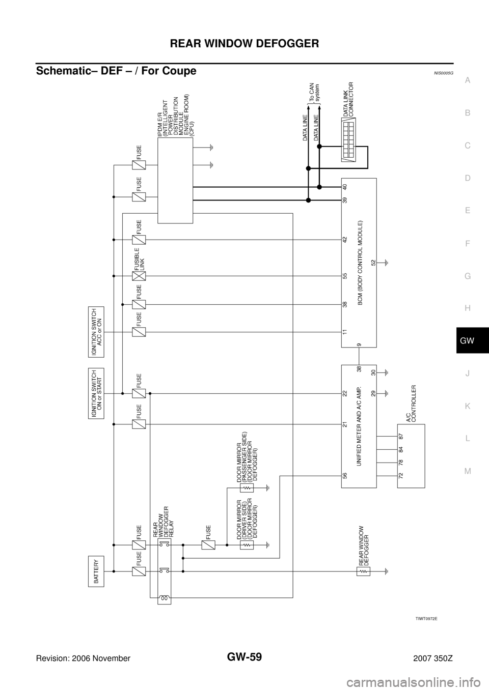 NISSAN 350Z 2007 Z33 Glasses, Windows System And Mirrors Repair Manual REAR WINDOW DEFOGGER
GW-59
C
D
E
F
G
H
J
K
L
MA
B
GW
Revision: 2006 November2007 350Z
Schematic– DEF – / For CoupeNIS0005G
TIWT0972E 