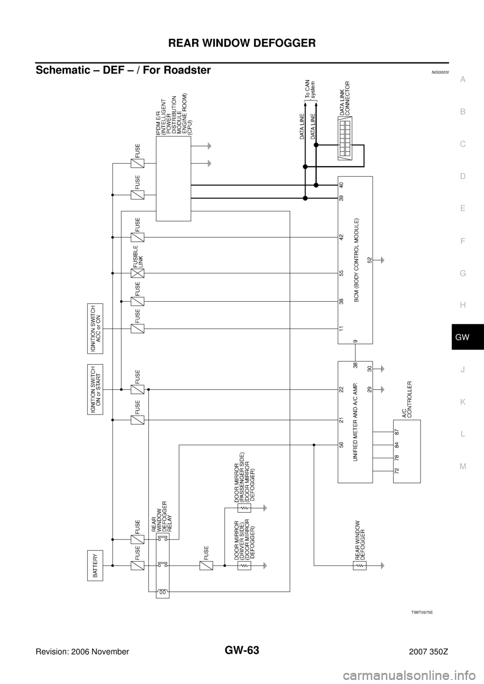 NISSAN 350Z 2007 Z33 Glasses, Windows System And Mirrors Repair Manual REAR WINDOW DEFOGGER
GW-63
C
D
E
F
G
H
J
K
L
MA
B
GW
Revision: 2006 November2007 350Z
Schematic – DEF – / For RoadsterNIS0005I
TIWT0975E NISSAN 350Z 2007 Z33 Glasses, Windows System And Mirrors Repair Manual REAR WINDOW DEFOGGER
GW-63
C
D
E
F
G
H
J
K
L
MA
B
GW
Revision: 2006 November2007 350Z
Schematic – DEF – / For RoadsterNIS0005I
TIWT0975E