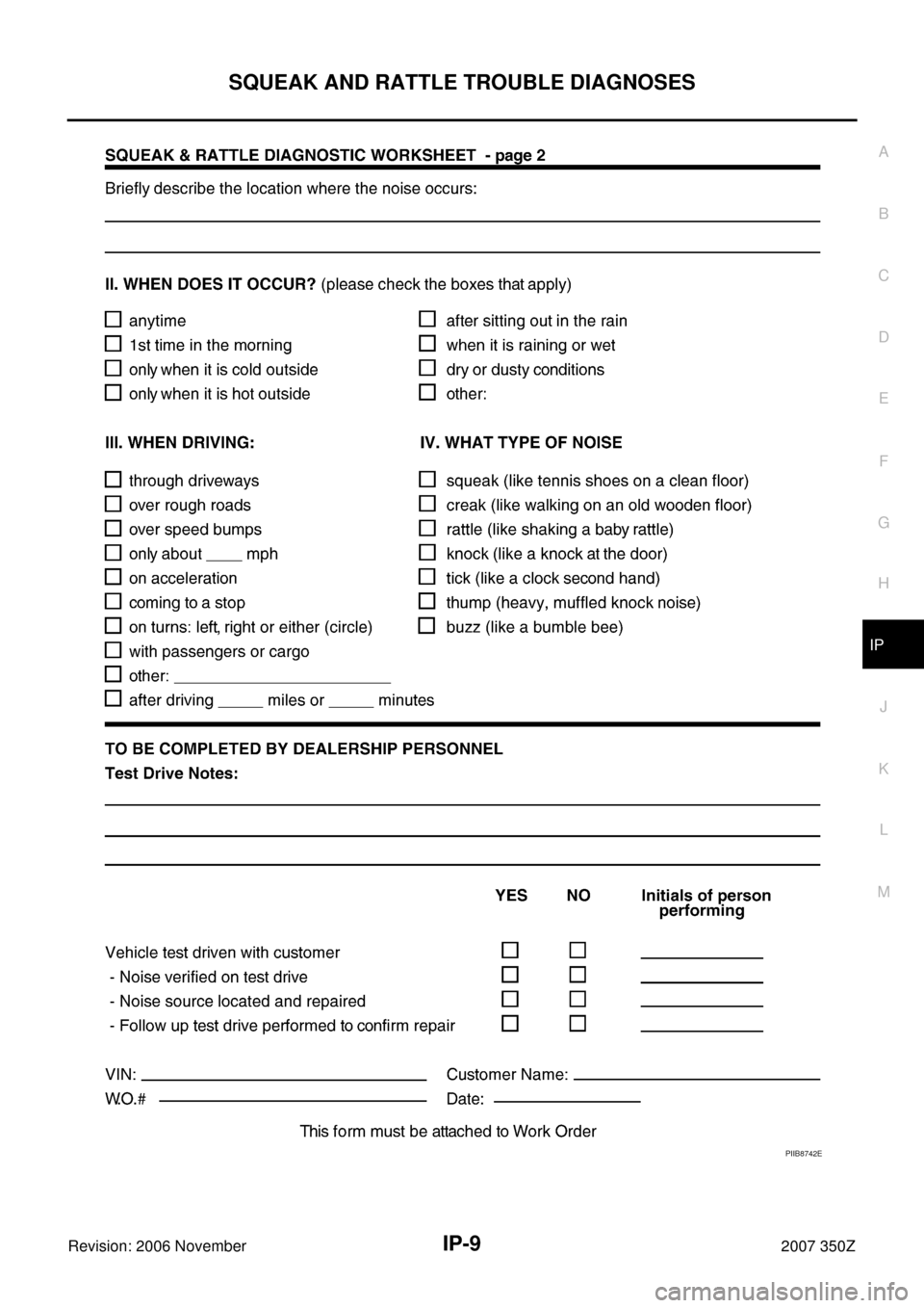 NISSAN 350Z 2007 Z33 Instrument Panel Workshop Manual SQUEAK AND RATTLE TROUBLE DIAGNOSES
IP-9
C
D
E
F
G
H
J
K
L
MA
B
IP
Revision: 2006 November2007 350Z
PIIB8742E 