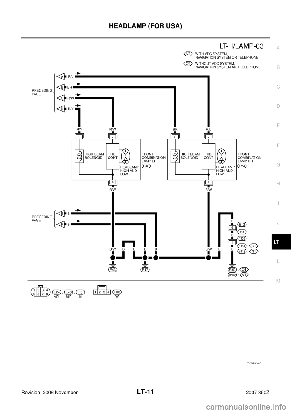 NISSAN 350Z 2007 Z33 Lighting System User Guide HEADLAMP (FOR USA)
LT-11
C
D
E
F
G
H
I
J
L
MA
B
LT
Revision: 2006 November2007 350Z
TKWT5746E 