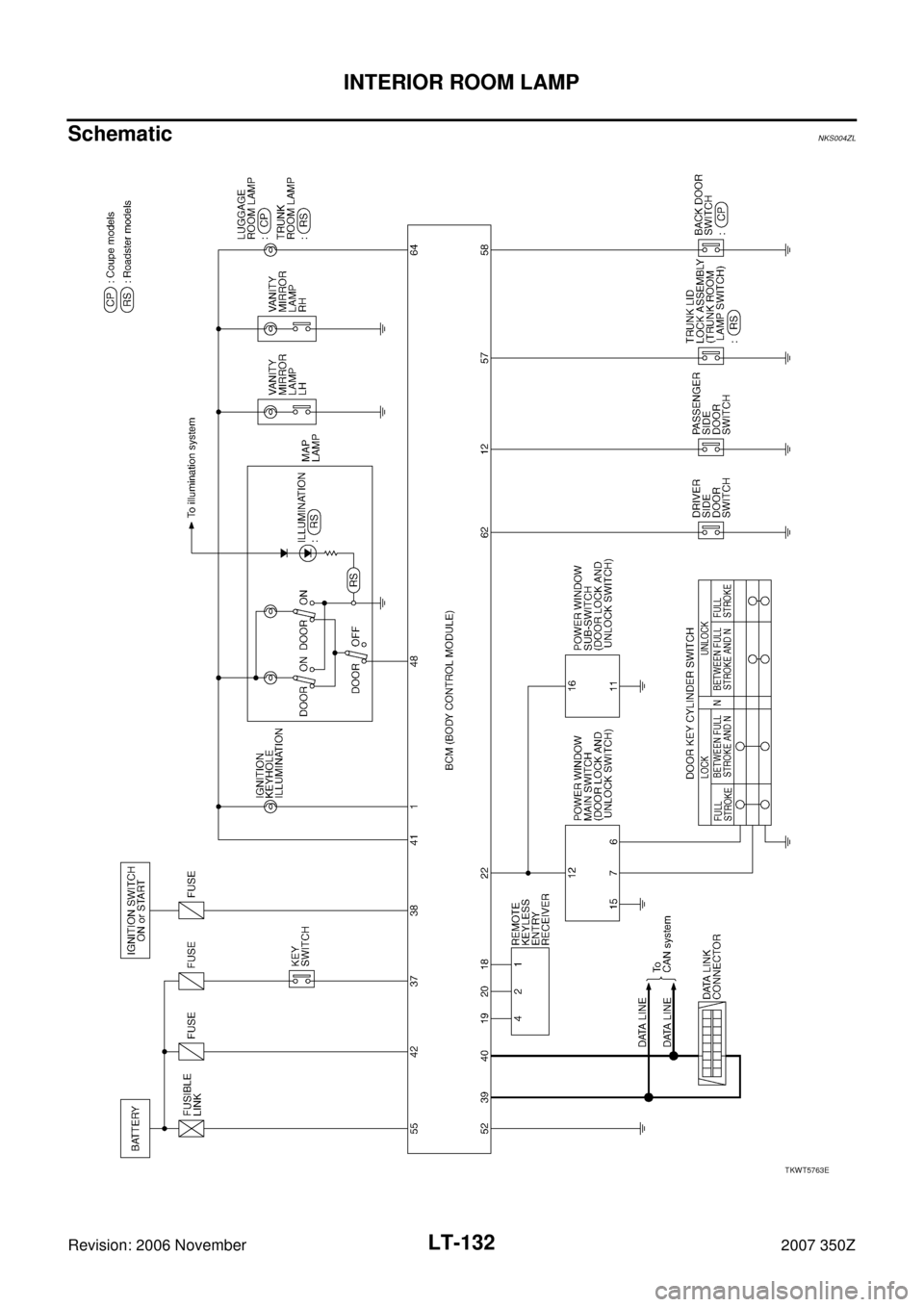 NISSAN 350Z 2007 Z33 Lighting System Workshop Manual LT-132
INTERIOR ROOM LAMP
Revision: 2006 November2007 350Z
SchematicNKS004ZL
TKWT5763E 