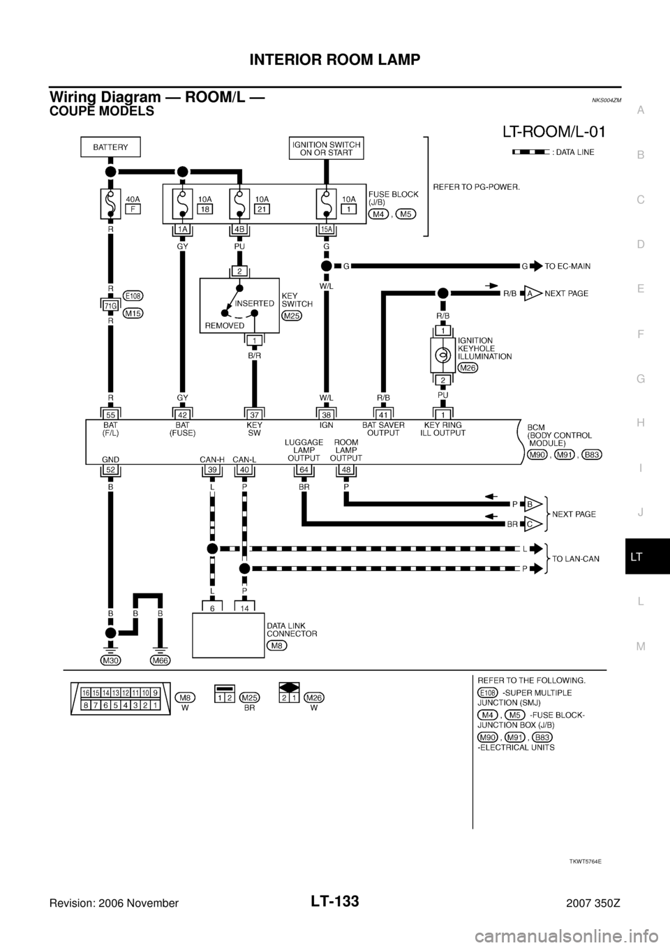 NISSAN 350Z 2007 Z33 Lighting System Workshop Manual INTERIOR ROOM LAMP
LT-133
C
D
E
F
G
H
I
J
L
MA
B
LT
Revision: 2006 November2007 350Z
Wiring Diagram — ROOM/L —NKS004ZM
COUPE MODELS
TKWT5764E 