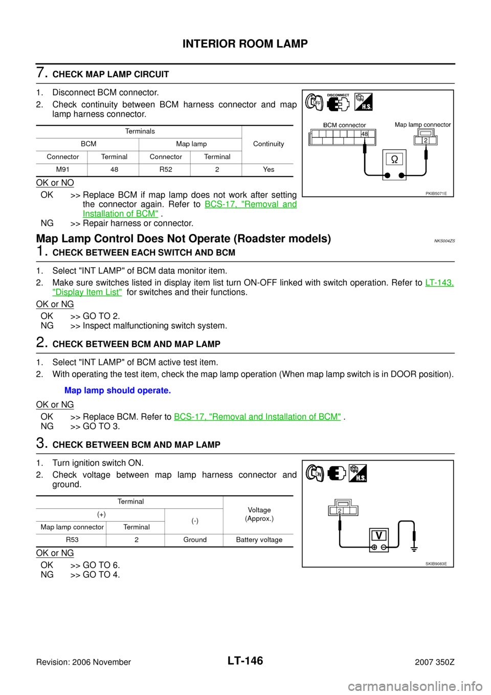 NISSAN 350Z 2007 Z33 Lighting System Workshop Manual LT-146
INTERIOR ROOM LAMP
Revision: 2006 November2007 350Z
7. CHECK MAP LAMP CIRCUIT
1. Disconnect BCM connector.
2. Check continuity between BCM harness connector and map
lamp harness connector.
OK o