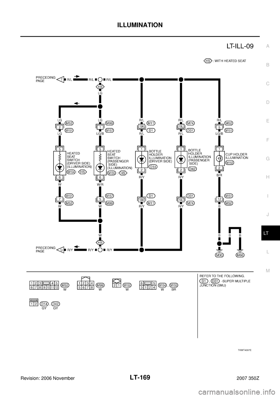 NISSAN 350Z 2007 Z33 Lighting System Workshop Manual ILLUMINATION
LT-169
C
D
E
F
G
H
I
J
L
MA
B
LT
Revision: 2006 November2007 350Z
TKWT4097E 