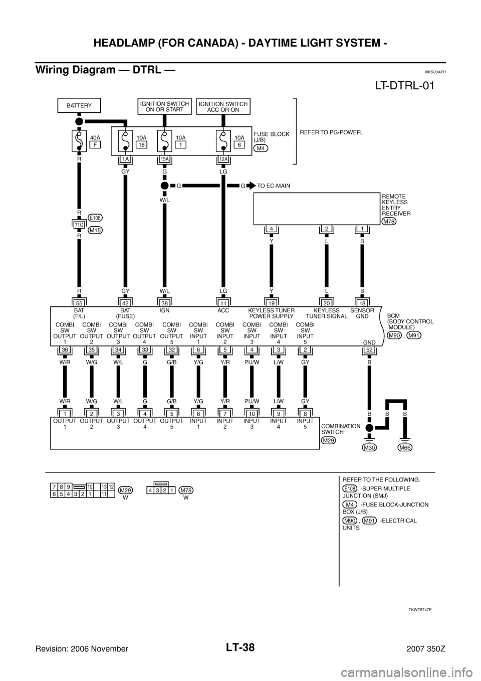 NISSAN 350Z 2007 Z33 Lighting System Workshop Manual LT-38
HEADLAMP (FOR CANADA) - DAYTIME LIGHT SYSTEM -
Revision: 2006 November2007 350Z
Wiring Diagram — DTRL —NKS004XH
TKWT5747E 