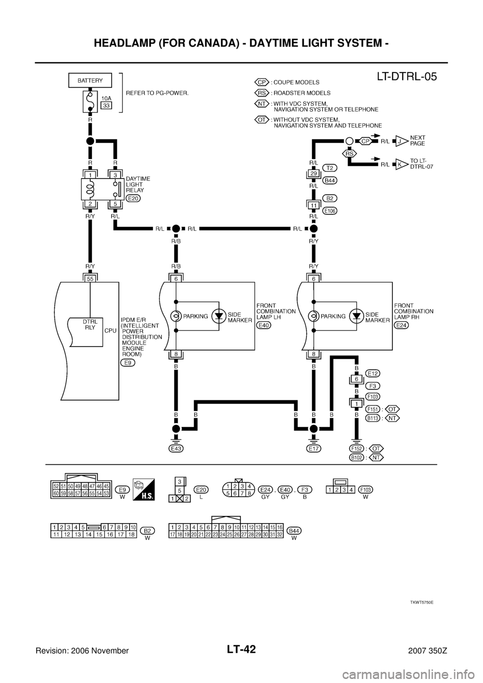 NISSAN 350Z 2007 Z33 Lighting System Service Manual LT-42
HEADLAMP (FOR CANADA) - DAYTIME LIGHT SYSTEM -
Revision: 2006 November2007 350Z
TKWT5750E 