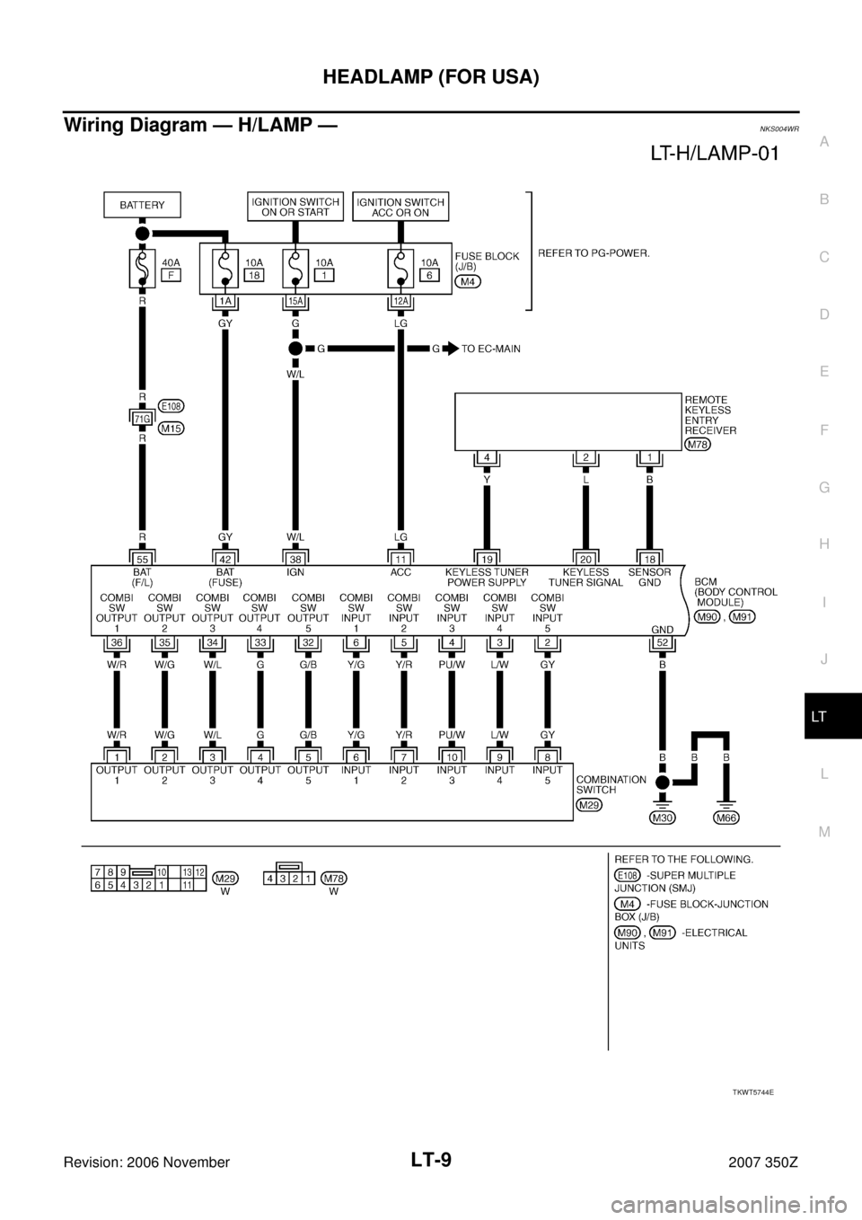 NISSAN 350Z 2007 Z33 Lighting System Workshop Manual HEADLAMP (FOR USA)
LT-9
C
D
E
F
G
H
I
J
L
MA
B
LT
Revision: 2006 November2007 350Z
Wiring Diagram — H/LAMP —NKS004WR
TKWT5744E 