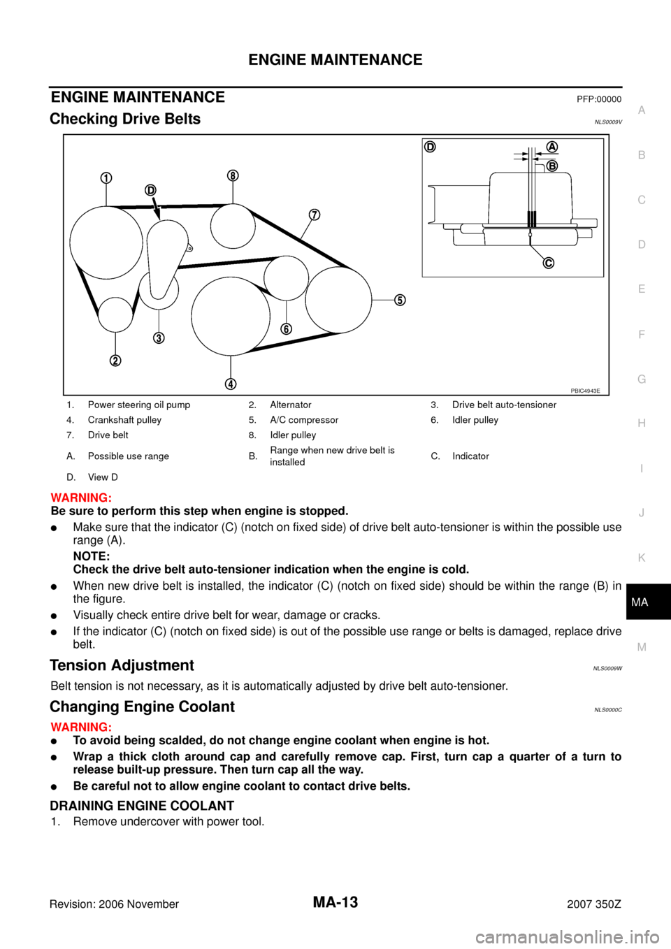 NISSAN 350Z 2007 Z33 Maintenance Workshop Manual ENGINE MAINTENANCE
MA-13
C
D
E
F
G
H
I
J
K
MA
B
MA
Revision: 2006 November2007 350Z
ENGINE MAINTENANCEPFP:00000
Checking Drive BeltsNLS0009V
WARNING:
Be sure to perform this step when engine is stoppe