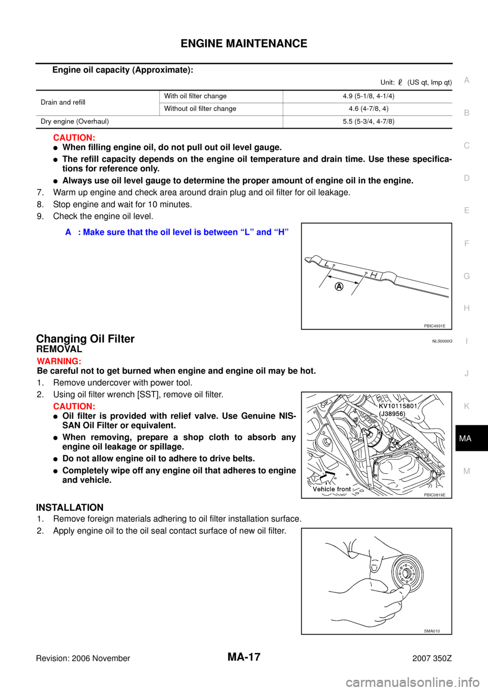 NISSAN 350Z 2007 Z33 Maintenance Workshop Manual ENGINE MAINTENANCE
MA-17
C
D
E
F
G
H
I
J
K
MA
B
MA
Revision: 2006 November2007 350Z
Engine oil capacity (Approximate):
Unit:    (US qt, lmp qt)
CAUTION:
When filling engine oil, do not pull out oil l