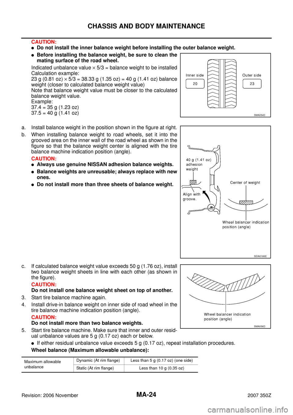 NISSAN 350Z 2007 Z33 Maintenance Owners Manual MA-24
CHASSIS AND BODY MAINTENANCE
Revision: 2006 November2007 350Z
CAUTION:
Do not install the inner balance weight before installing the outer balance weight.
Before installing the balance weight,