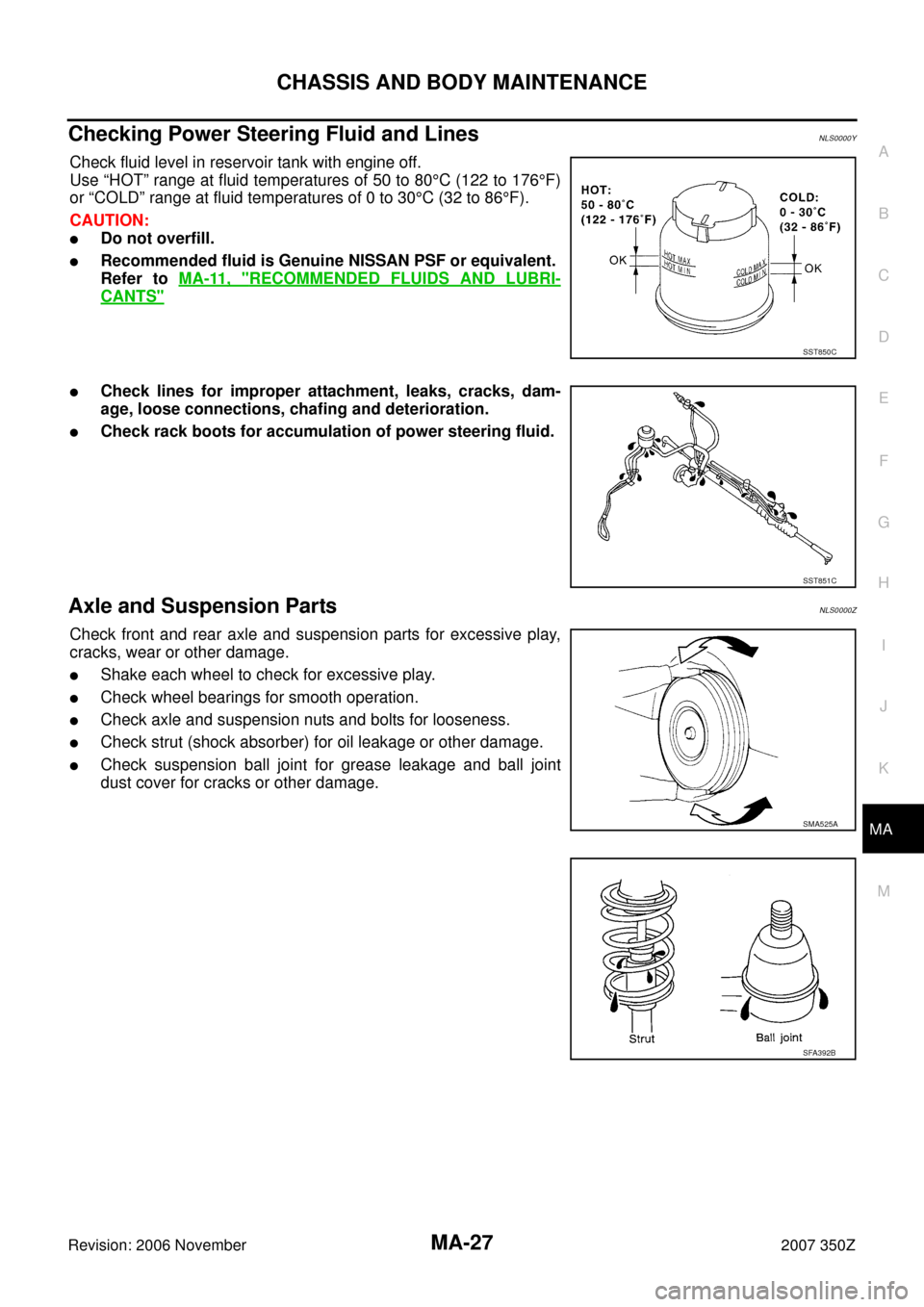 NISSAN 350Z 2007 Z33 Maintenance Workshop Manual CHASSIS AND BODY MAINTENANCE
MA-27
C
D
E
F
G
H
I
J
K
MA
B
MA
Revision: 2006 November2007 350Z
Checking Power Steering Fluid and LinesNLS0000Y
Check fluid level in reservoir tank with engine off. 
Use 