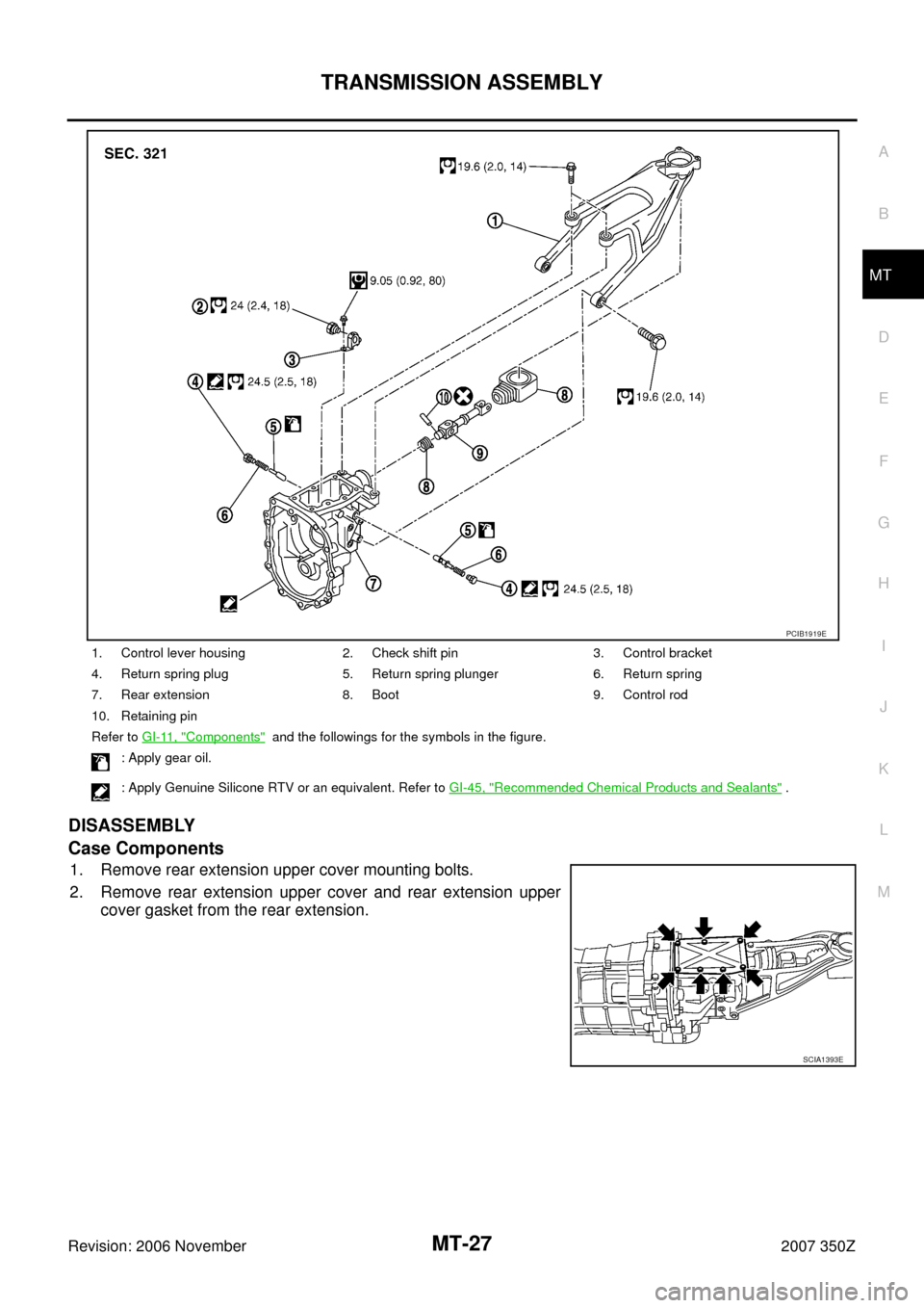 NISSAN 350Z 2007 Z33 Manual Transmission Owners Manual TRANSMISSION ASSEMBLY
MT-27
D
E
F
G
H
I
J
K
L
MA
B
MT
Revision: 2006 November2007 350Z
DISASSEMBLY
Case Components
1. Remove rear extension upper cover mounting bolts.
2. Remove rear extension upper c