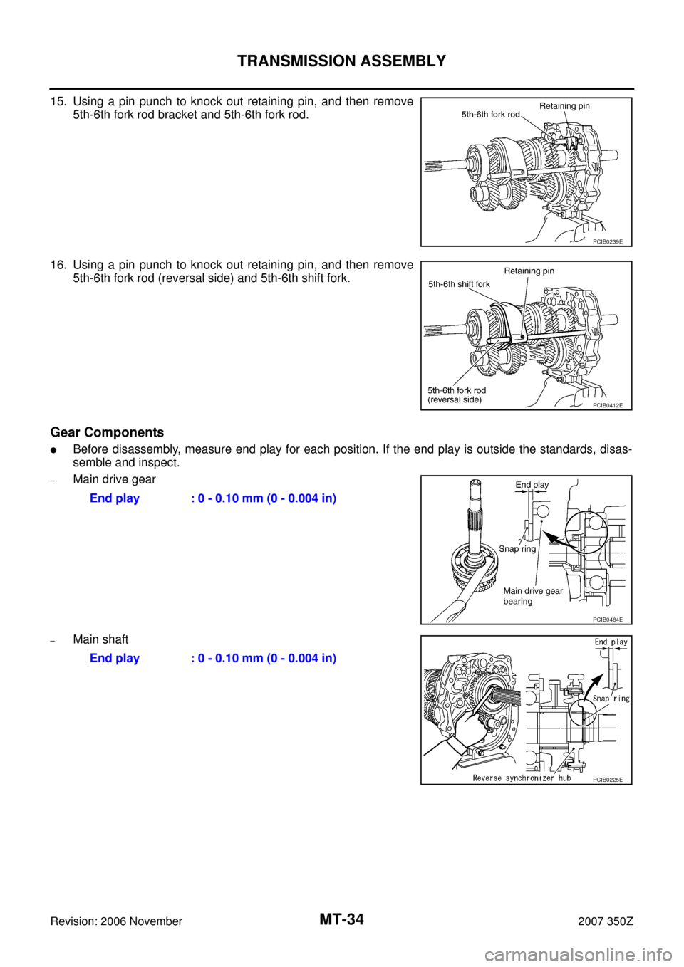 NISSAN 350Z 2007 Z33 Manual Transmission Owners Guide MT-34
TRANSMISSION ASSEMBLY
Revision: 2006 November2007 350Z
15. Using a pin punch to knock out retaining pin, and then remove
5th-6th fork rod bracket and 5th-6th fork rod.
16. Using a pin punch to k