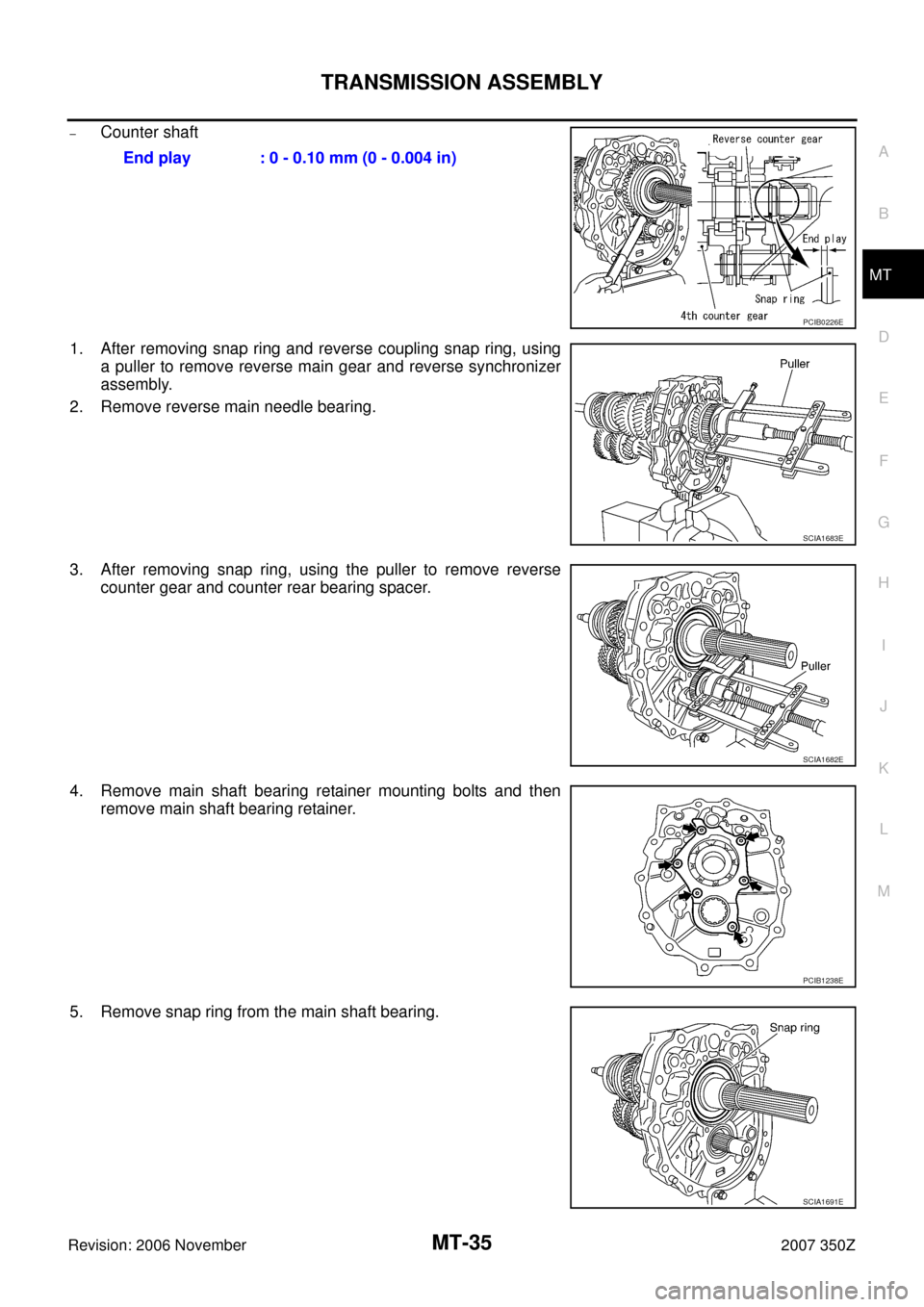 NISSAN 350Z 2007 Z33 Manual Transmission Owners Guide TRANSMISSION ASSEMBLY
MT-35
D
E
F
G
H
I
J
K
L
MA
B
MT
Revision: 2006 November2007 350Z
–Counter shaft
1. After removing snap ring and reverse coupling snap ring, using
a puller to remove reverse mai