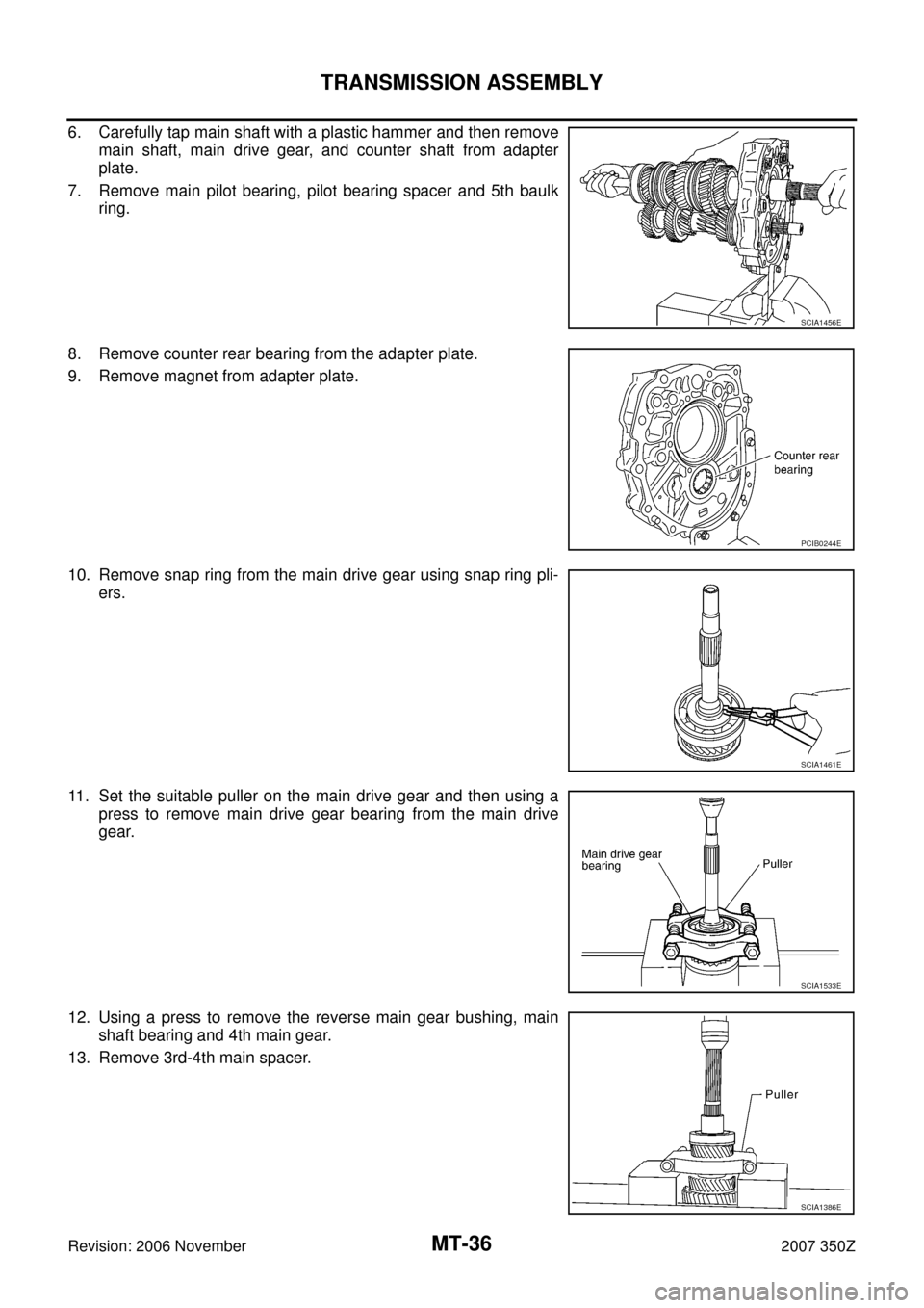 NISSAN 350Z 2007 Z33 Manual Transmission Owners Guide MT-36
TRANSMISSION ASSEMBLY
Revision: 2006 November2007 350Z
6. Carefully tap main shaft with a plastic hammer and then remove
main shaft, main drive gear, and counter shaft from adapter
plate.
7. Rem