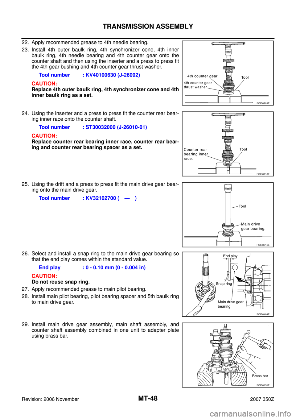 NISSAN 350Z 2007 Z33 Manual Transmission Service Manual MT-48
TRANSMISSION ASSEMBLY
Revision: 2006 November2007 350Z
22. Apply recommended grease to 4th needle bearing.
23. Install 4th outer baulk ring, 4th synchronizer cone, 4th inner
baulk ring, 4th need