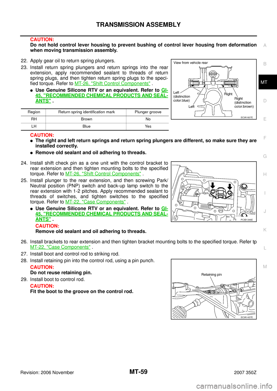 NISSAN 350Z 2007 Z33 Manual Transmission Repair Manual TRANSMISSION ASSEMBLY
MT-59
D
E
F
G
H
I
J
K
L
MA
B
MT
Revision: 2006 November2007 350Z
CAUTION:
Do not hold control lever housing to prevent bushing of control lever housing from deformation
when movi NISSAN 350Z 2007 Z33 Manual Transmission Repair Manual TRANSMISSION ASSEMBLY
MT-59
D
E
F
G
H
I
J
K
L
MA
B
MT
Revision: 2006 November2007 350Z
CAUTION:
Do not hold control lever housing to prevent bushing of control lever housing from deformation
when movi