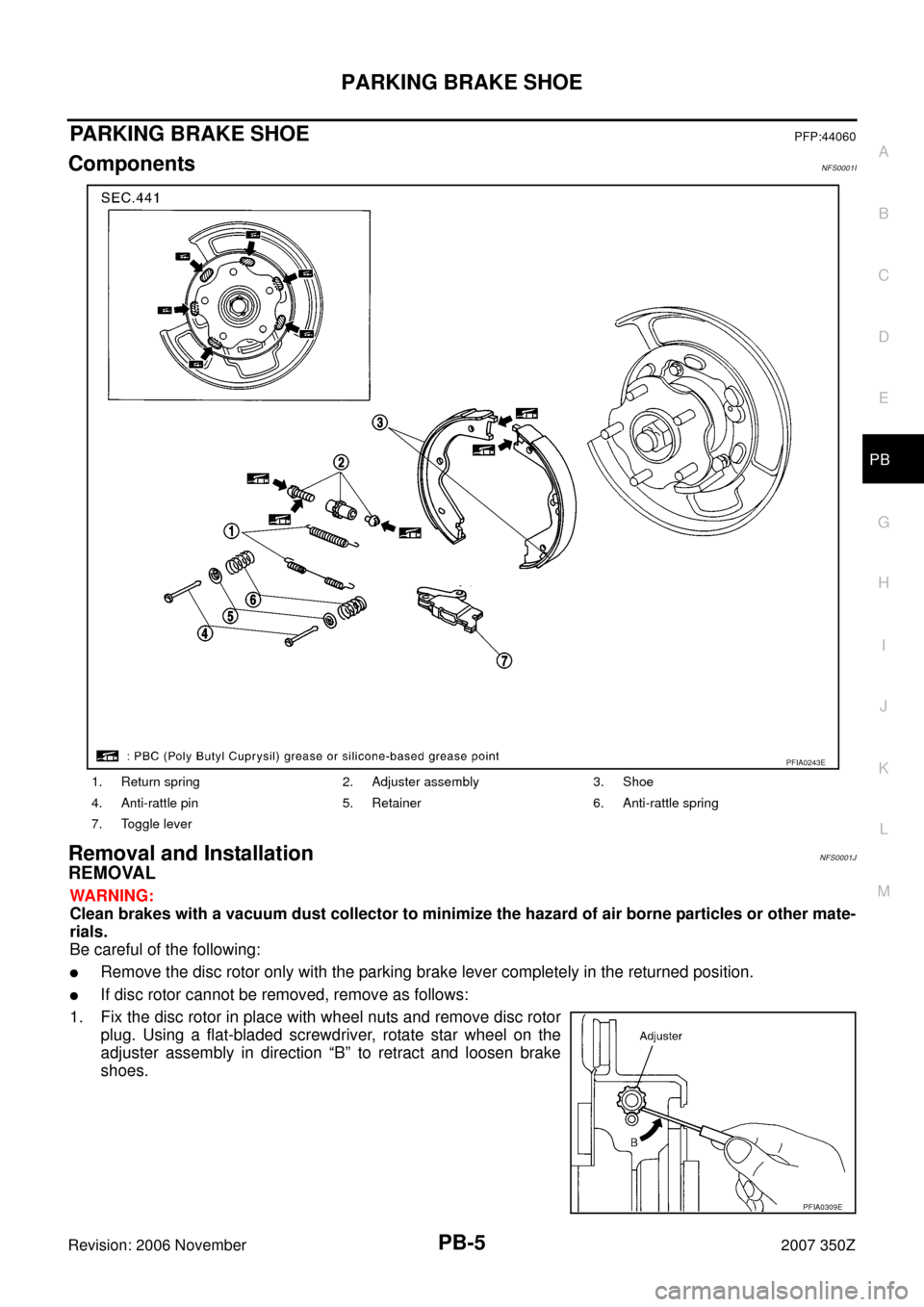 NISSAN 350Z 2007 Z33 Parking Brake System Workshop Manual PARKING BRAKE SHOE
PB-5
C
D
E
G
H
I
J
K
L
MA
B
PB
Revision: 2006 November2007 350Z
PARKING BRAKE SHOEPFP:44060
ComponentsNFS0001I
Removal and InstallationNFS0001J
REMOVAL
WARNING:
Clean brakes with a 