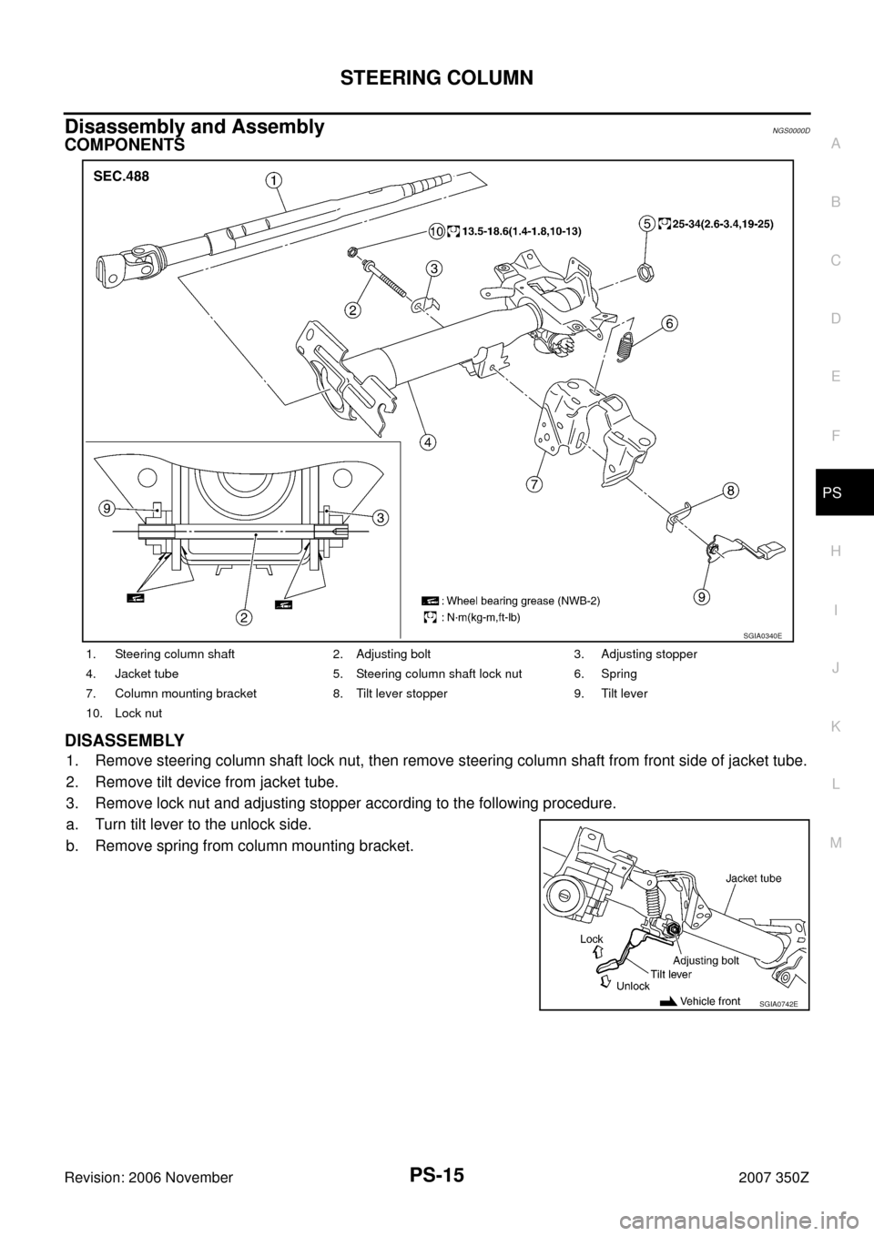 NISSAN 350Z 2007 Z33 Power Steering System Workshop Manual STEERING COLUMN
PS-15
C
D
E
F
H
I
J
K
L
MA
B
PS
Revision: 2006 November2007 350Z
Disassembly and AssemblyNGS0000D
COMPONENTS
DISASSEMBLY
1. Remove steering column shaft lock nut, then remove steering 