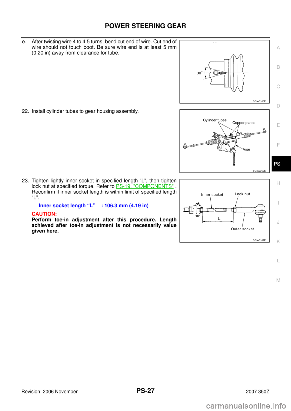 NISSAN 350Z 2007 Z33 Power Steering System Workshop Manual POWER STEERING GEAR
PS-27
C
D
E
F
H
I
J
K
L
MA
B
PS
Revision: 2006 November2007 350Z
e. After twisting wire 4 to 4.5 turns, bend cut end of wire. Cut end of
wire should not touch boot. Be sure wire en