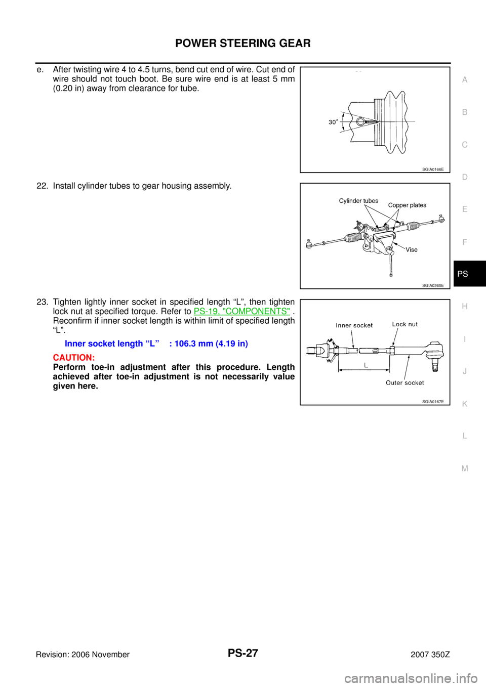 NISSAN 350Z 2007 Z33 Power Steering System Owners Manual POWER STEERING GEAR
PS-27
C
D
E
F
H
I
J
K
L
MA
B
PS
Revision: 2006 November2007 350Z
e. After twisting wire 4 to 4.5 turns, bend cut end of wire. Cut end of
wire should not touch boot. Be sure wire en