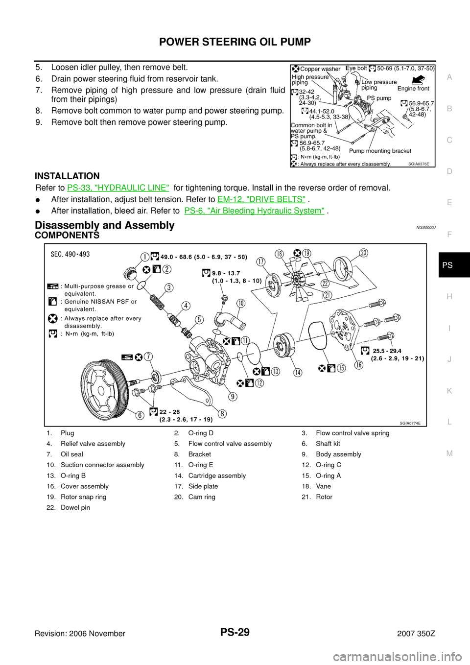 NISSAN 350Z 2007 Z33 Power Steering System Owners Manual POWER STEERING OIL PUMP
PS-29
C
D
E
F
H
I
J
K
L
MA
B
PS
Revision: 2006 November2007 350Z
5. Loosen idler pulley, then remove belt.
6. Drain power steering fluid from reservoir tank.
7. Remove piping o