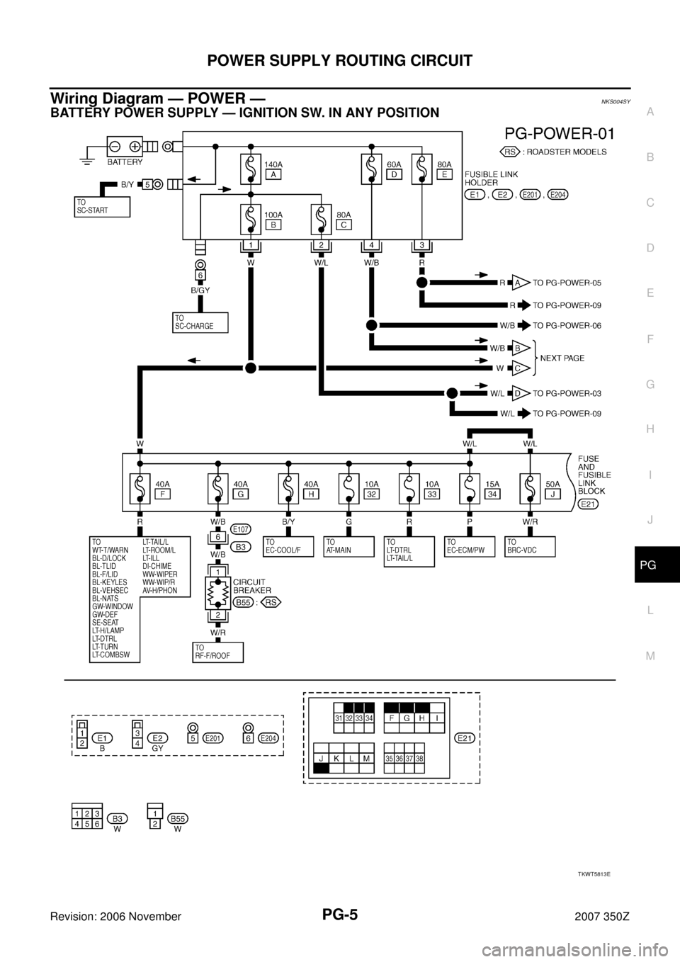NISSAN 350Z 2007 Z33 Power Supply, Ground And Circuit Workshop Manual POWER SUPPLY ROUTING CIRCUIT
PG-5
C
D
E
F
G
H
I
J
L
MA
B
PG
Revision: 2006 November2007 350Z
Wiring Diagram — POWER —NKS004SY
BATTERY POWER SUPPLY — IGNITION SW. IN ANY POSITION
TKWT5813E NISSAN 350Z 2007 Z33 Power Supply, Ground And Circuit Workshop Manual POWER SUPPLY ROUTING CIRCUIT
PG-5
C
D
E
F
G
H
I
J
L
MA
B
PG
Revision: 2006 November2007 350Z
Wiring Diagram — POWER —NKS004SY
BATTERY POWER SUPPLY — IGNITION SW. IN ANY POSITION
TKWT5813E