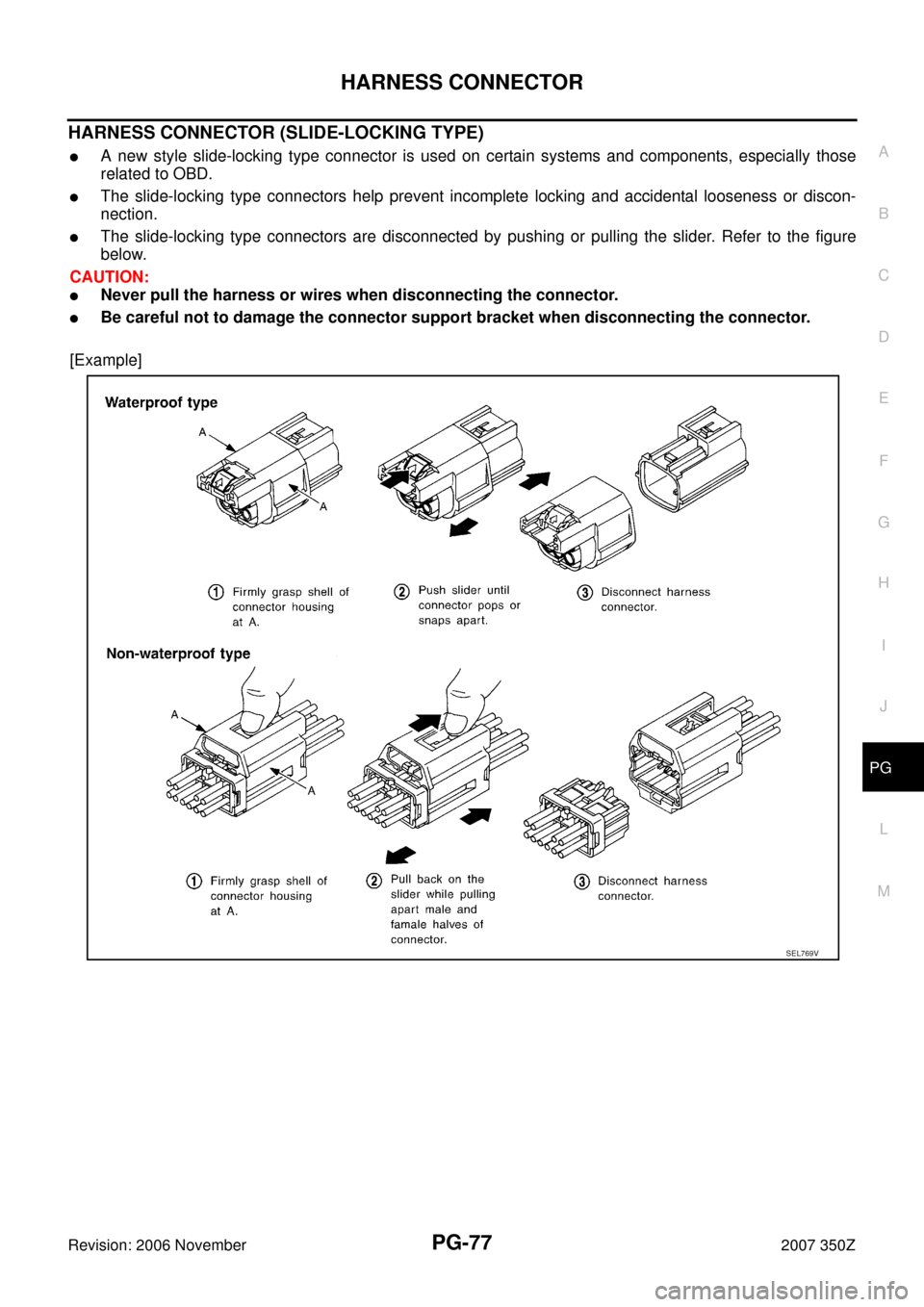 NISSAN 350Z 2007 Z33 Power Supply, Ground And Circuit Manual PDF HARNESS CONNECTOR
PG-77
C
D
E
F
G
H
I
J
L
MA
B
PG
Revision: 2006 November2007 350Z
HARNESS CONNECTOR (SLIDE-LOCKING TYPE)
A new style slide-locking type connector is used on certain systems and compo