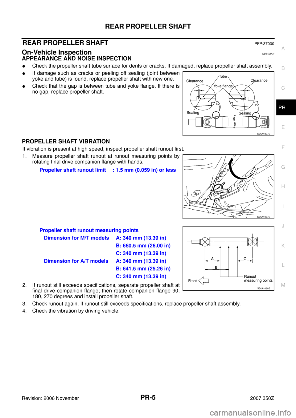NISSAN 350Z 2007 Z33 Propeller Shaft Workshop Manual REAR PROPELLER SHAFT
PR-5
C
E
F
G
H
I
J
K
L
MA
B
PR
Revision: 2006 November2007 350Z
REAR PROPELLER SHAFTPFP:37000
On-Vehicle InspectionNDS00004
APPEARANCE AND NOISE INSPECTION
Check the propeller sh