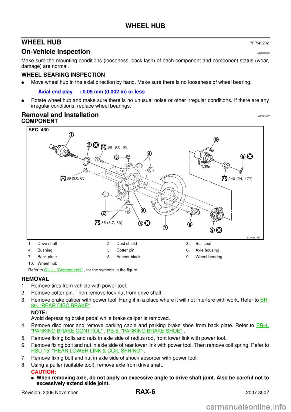 NISSAN 350Z 2007 Z33 Rear Axle Workshop Manual RAX-6
WHEEL HUB
Revision: 2006 November2007 350Z
WHEEL HUBPFP:43202
On-Vehicle InspectionNDS0000X
Make sure the mounting conditions (looseness, back lash) of each component and component status (wear,