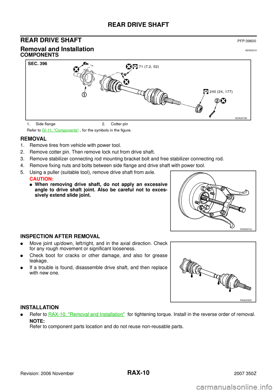 NISSAN 350Z 2007 Z33 Rear Axle Workshop Manual RAX-10
REAR DRIVE SHAFT
Revision: 2006 November2007 350Z
REAR DRIVE SHAFTPFP:39600
Removal and InstallationNDS00010
COMPONENTS
REMOVAL
1. Remove tires from vehicle with power tool.
2. Remove cotter pi