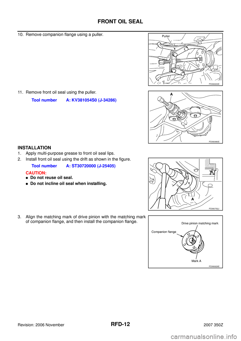 NISSAN 350Z 2007 Z33 Rear Final Drive Workshop Manual RFD-12
FRONT OIL SEAL
Revision: 2006 November2007 350Z
10. Remove companion flange using a puller.
11. Remove front oil seal using the puller.
INSTALLATION
1. Apply multi-purpose grease to front oil s