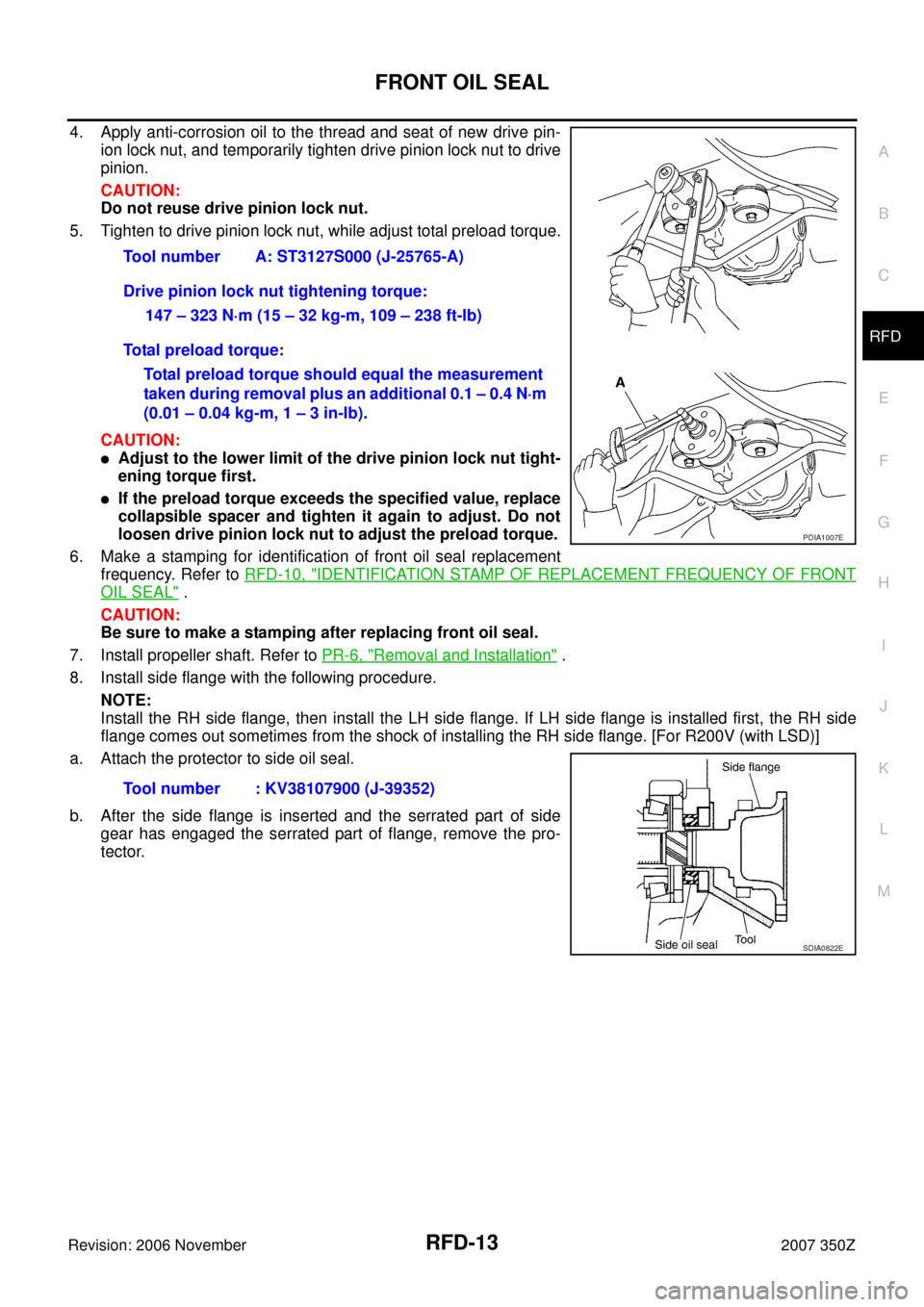 NISSAN 350Z 2007 Z33 Rear Final Drive Workshop Manual FRONT OIL SEAL
RFD-13
C
E
F
G
H
I
J
K
L
MA
B
RFD
Revision: 2006 November2007 350Z
4. Apply anti-corrosion oil to the thread and seat of new drive pin-
ion lock nut, and temporarily tighten drive pinio