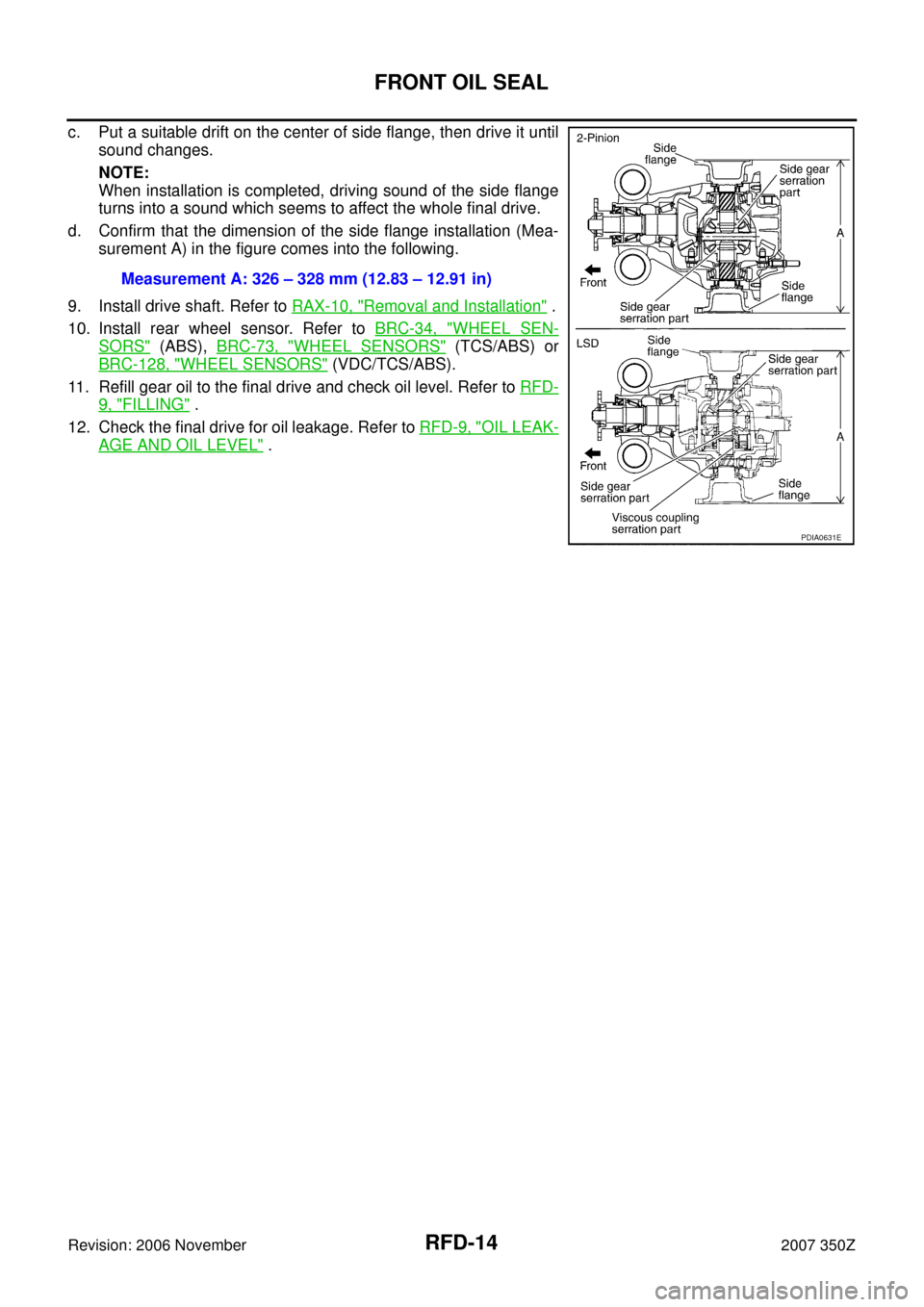 NISSAN 350Z 2007 Z33 Rear Final Drive User Guide RFD-14
FRONT OIL SEAL
Revision: 2006 November2007 350Z
c. Put a suitable drift on the center of side flange, then drive it until
sound changes.
NOTE:
When installation is completed, driving sound of t