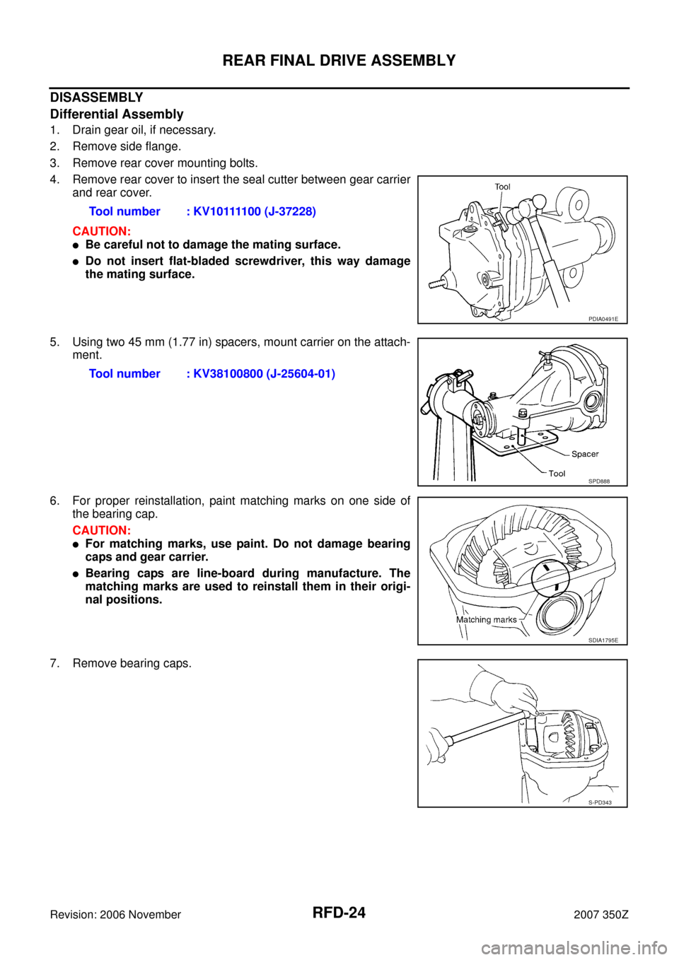 NISSAN 350Z 2007 Z33 Rear Final Drive Workshop Manual RFD-24
REAR FINAL DRIVE ASSEMBLY
Revision: 2006 November2007 350Z
DISASSEMBLY
Differential Assembly
1. Drain gear oil, if necessary.
2. Remove side flange.
3. Remove rear cover mounting bolts.
4. Remo