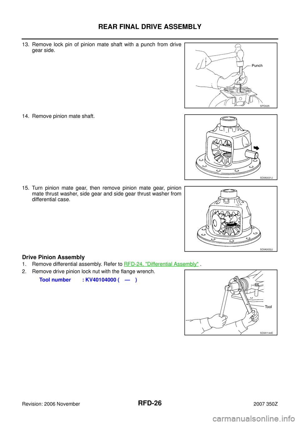 NISSAN 350Z 2007 Z33 Rear Final Drive Workshop Manual RFD-26
REAR FINAL DRIVE ASSEMBLY
Revision: 2006 November2007 350Z
13. Remove lock pin of pinion mate shaft with a punch from drive
gear side.
14. Remove pinion mate shaft.
15. Turn pinion mate gear, t